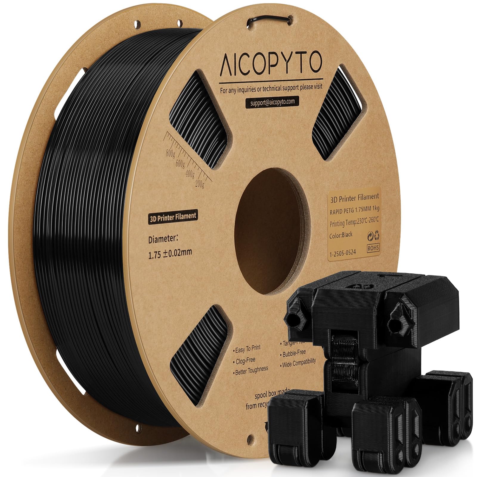 PETG Filament 1.75mm Black, High Speed 30-600mm/s 3D Printer Filament Rapid PETG Dimensional Accuracy +/- 0.02mm, 1kg Cardboard Spool(2.2lbs) Fits for Most FFF 3D Printers