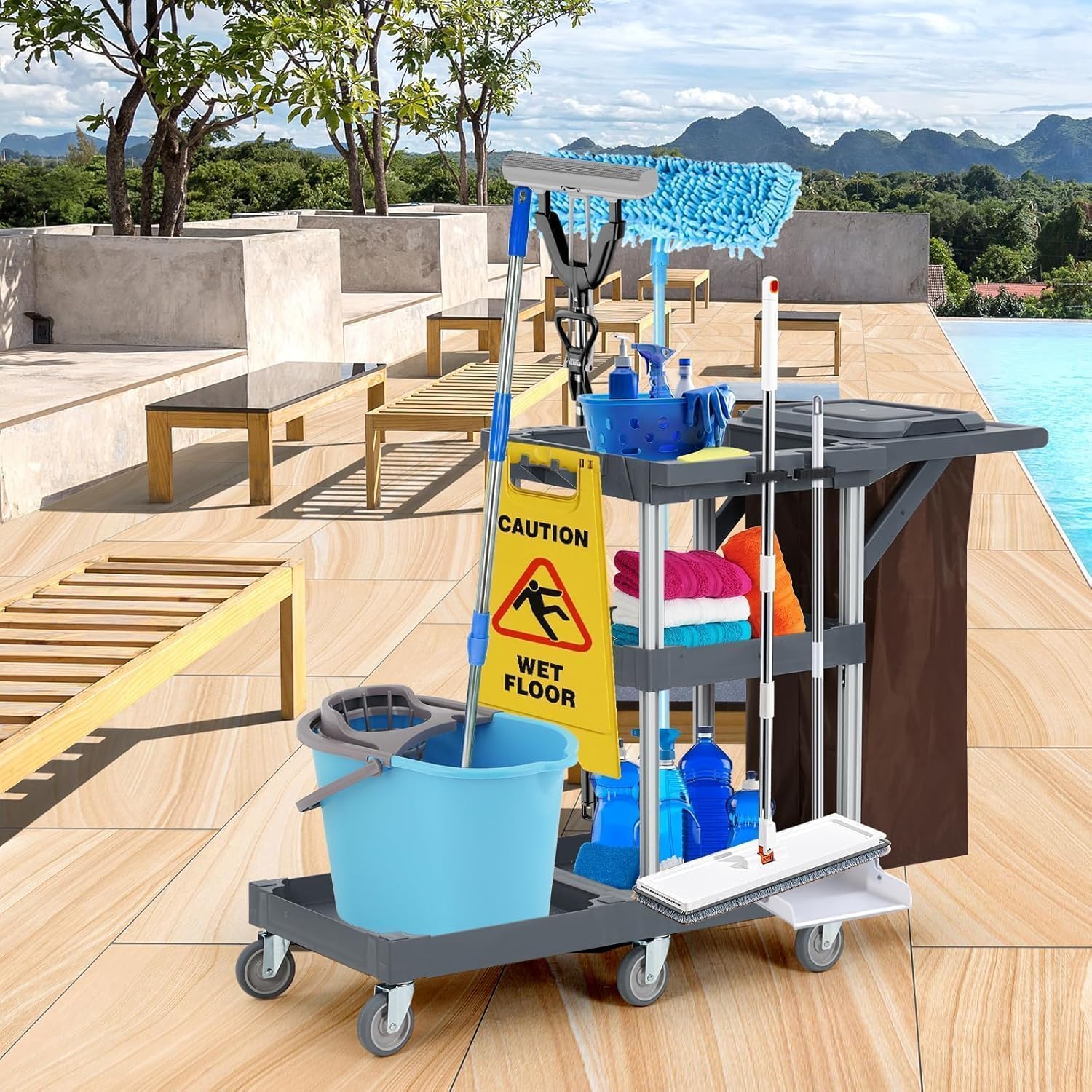 Carrello Pulizie Professionale a 3 Ripiani, Carrello per Pulizie Commerciali con Sacco in Vinile da 95L e Struttura Robusta, 6 Ruote Silenziose – Ideale per Hotel, Ristoranti, Scuole e Ospedali