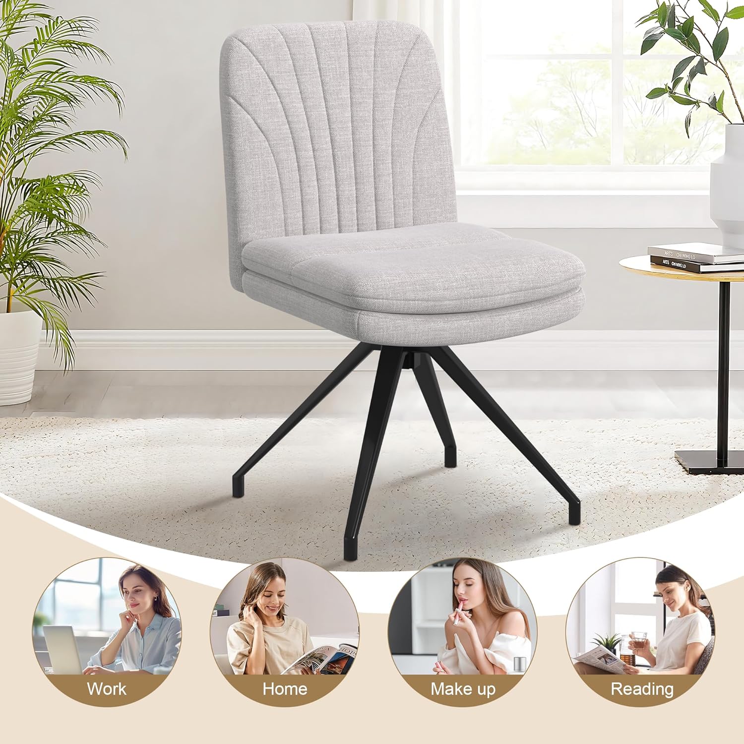 VECELO Criss Cross Legged Chair, Armless Office Desk Chair with Wide Padded Seat, Vanity Chair Modern Fabric Computer Task Chair for Living Room, Bedroom, Small Space, Make up (Grey)