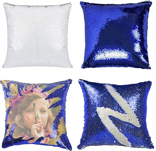 Fundas de almohada de lentejuelas para sublimación de 16 x 16 pulgadas, 4 fundas de almohada reversibles de lentejuelas azules para decoración de