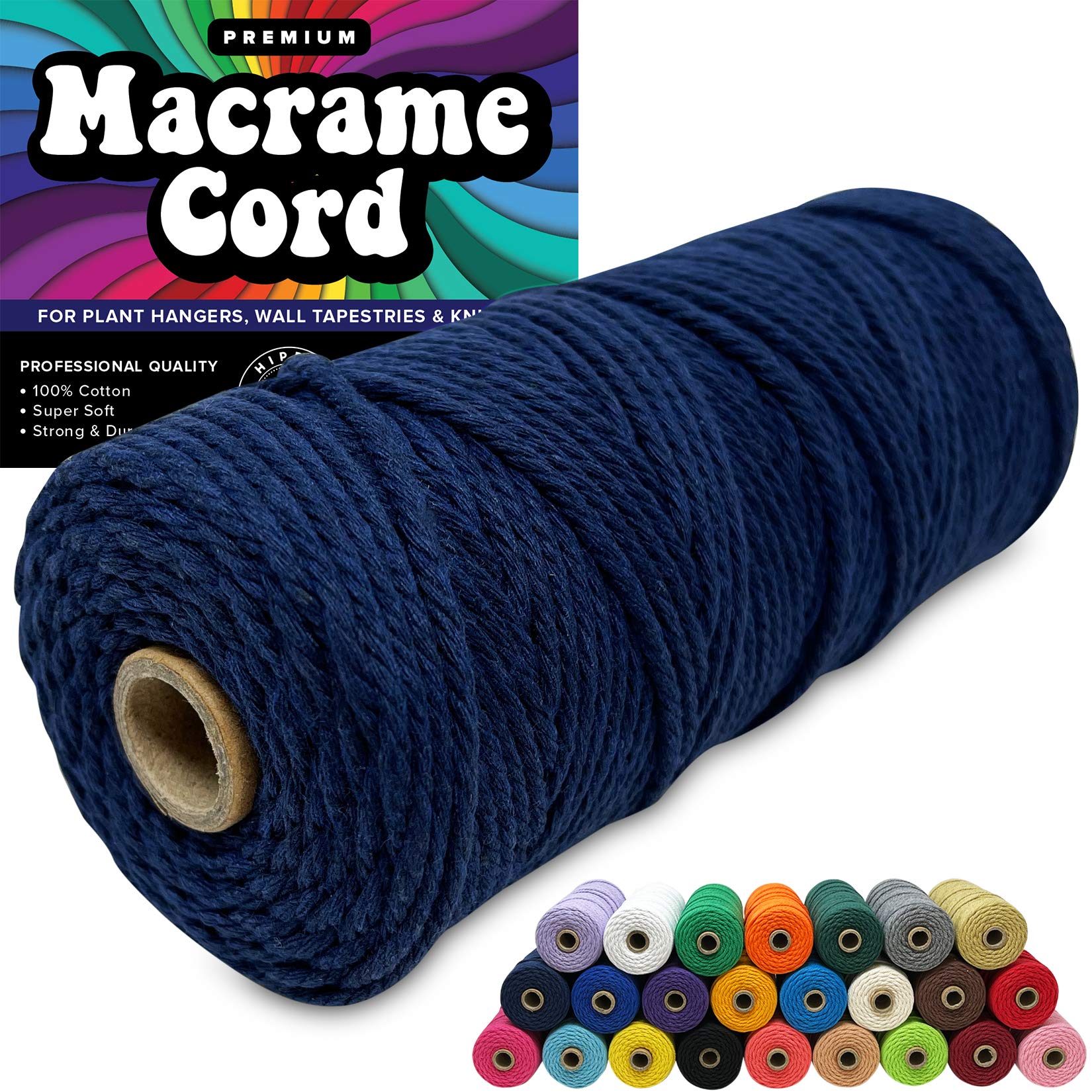 3mm Macrame Cord, 100% Cotton Colored Rope, Thick Natural Craft String for Yarn Supplies, 325 Feet, Thin Navy Blue