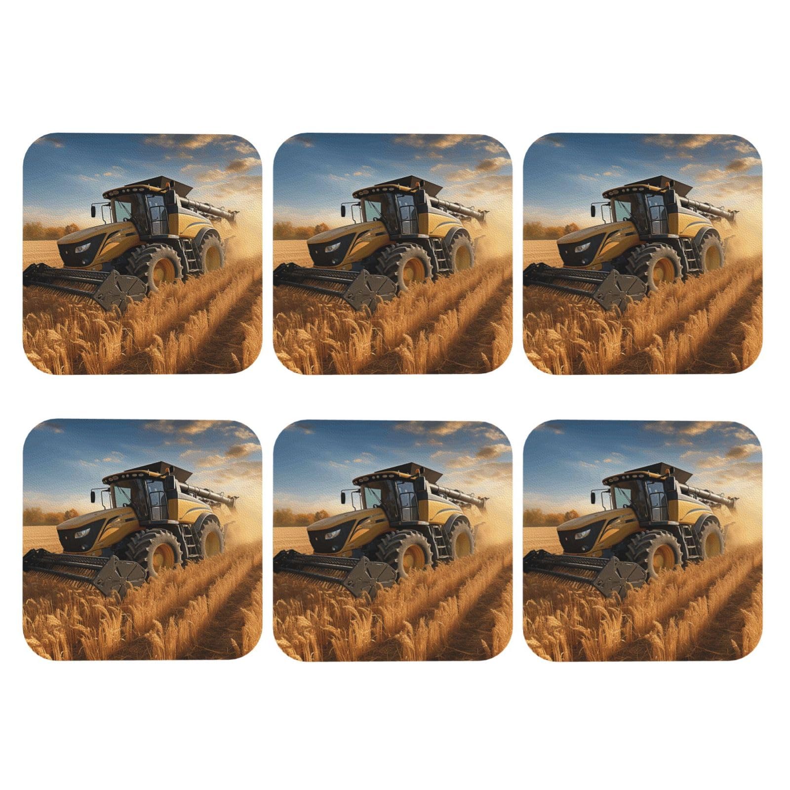 6pcs Leather Coasters for Drinks, Farm Tractor Harvester Drink Coasters for Tabletop Protection, 4" Cup Coasters for Coffee Table Decor, Non-Slip Drinking Cup Mat for Hot Or Cold Drink