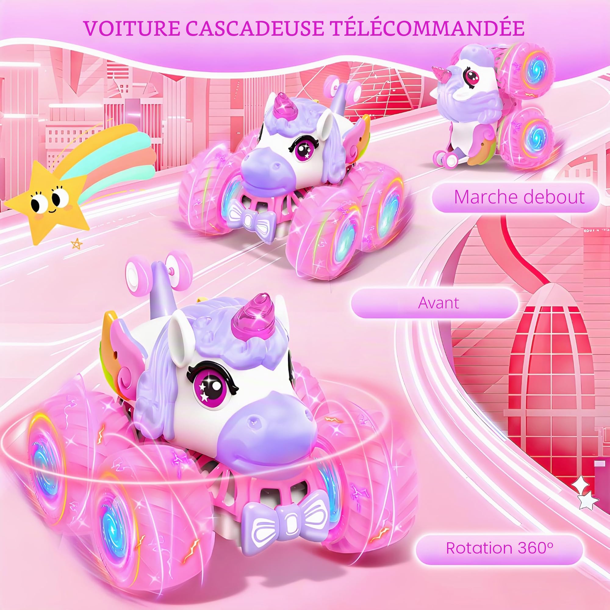 Voiture Télécommandée Licorne pour Fille, Voiture de Cascade Rotative à 360° avec LED, 2.4 GHz RC Cadeaux de Noël Originaux Anniversaire Jouet Enfant 3 Ans+ pour Intérieur et Extérieur