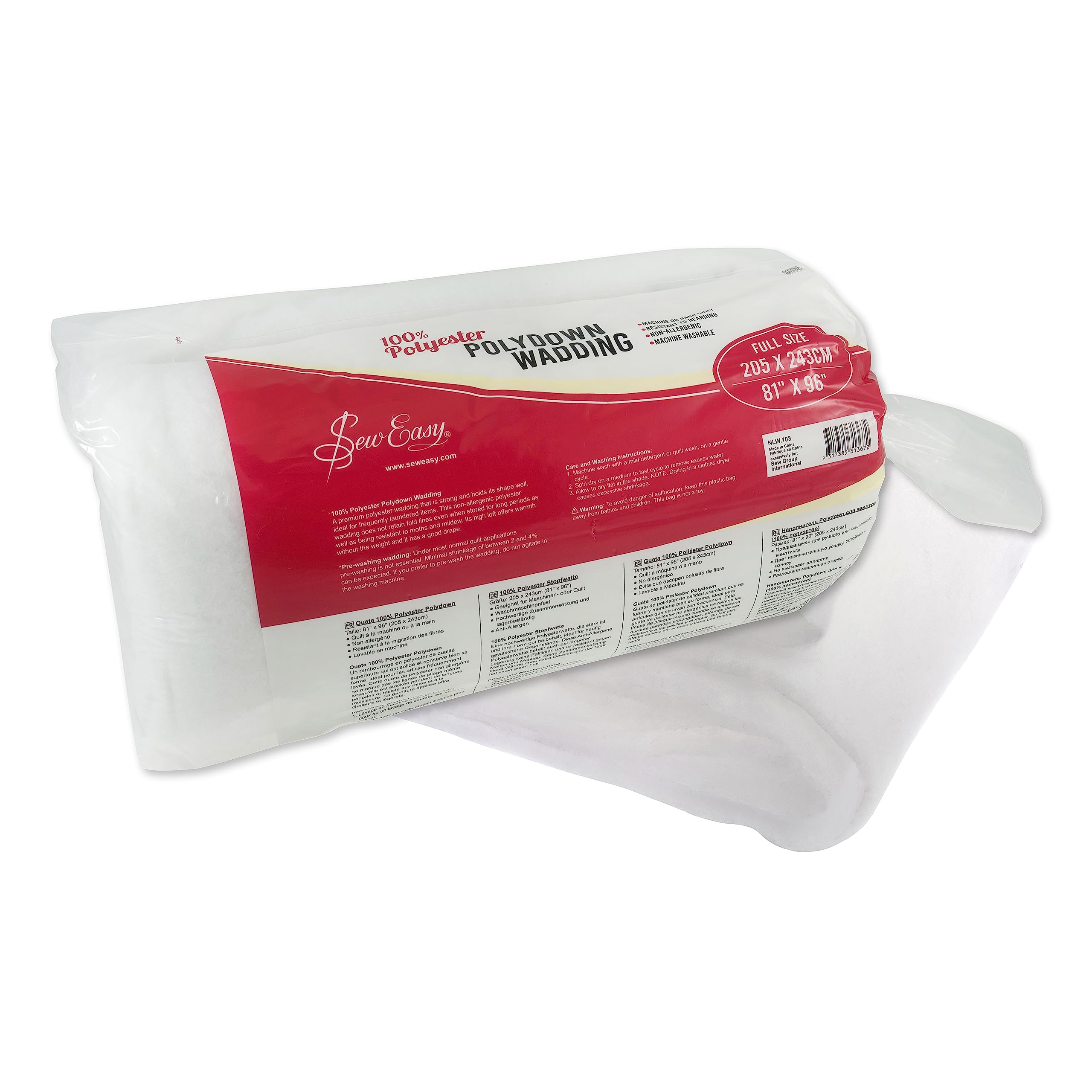 Sew Easy Quilting Polydown Batting Wadding 100% Polyester Washable Full Size 205.7 x 243.8cm 81 x 96”