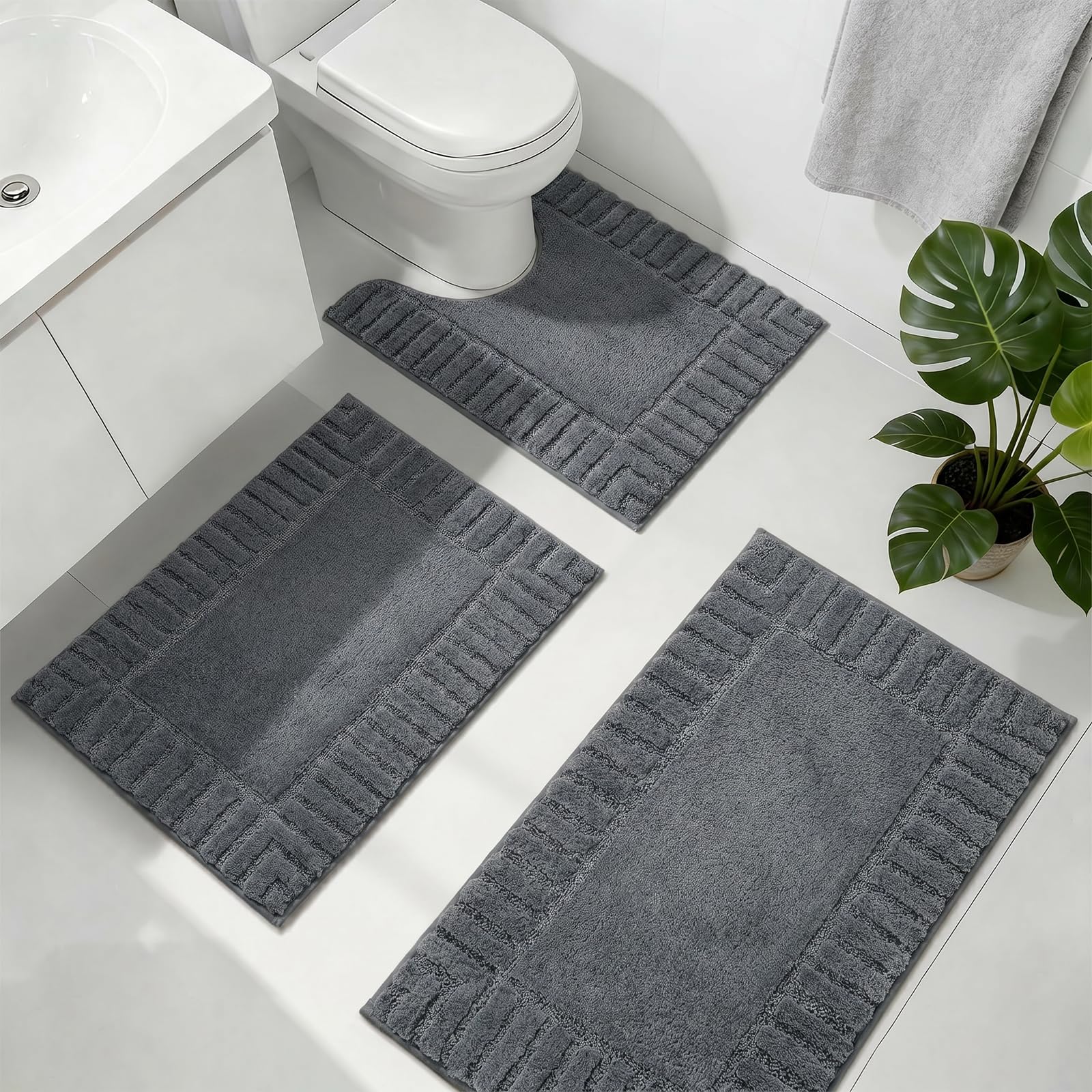 Famibay Bath Mat Sets 3 Piece Non Slip Absorbent Bath and Pedestal Mat Washable Dark Grey Soft Microfiber Toilet Rug Bathroom Floor Mat