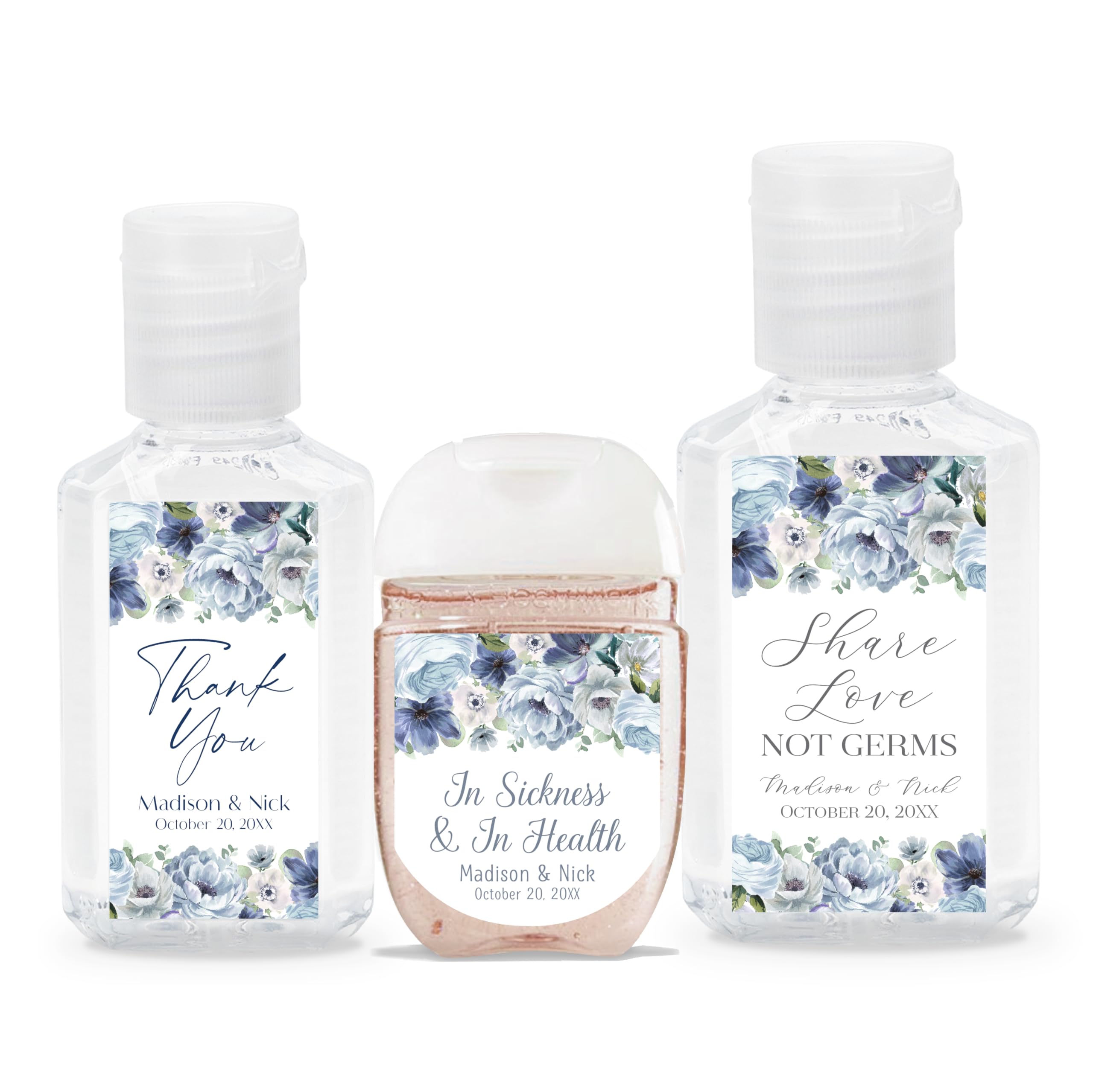 Personalized Hand Sanitizer Labels with Choice of 30 Flower Styles - Four Size Options - Choose Font and Pre-Made Phrases or Design Custom Text -