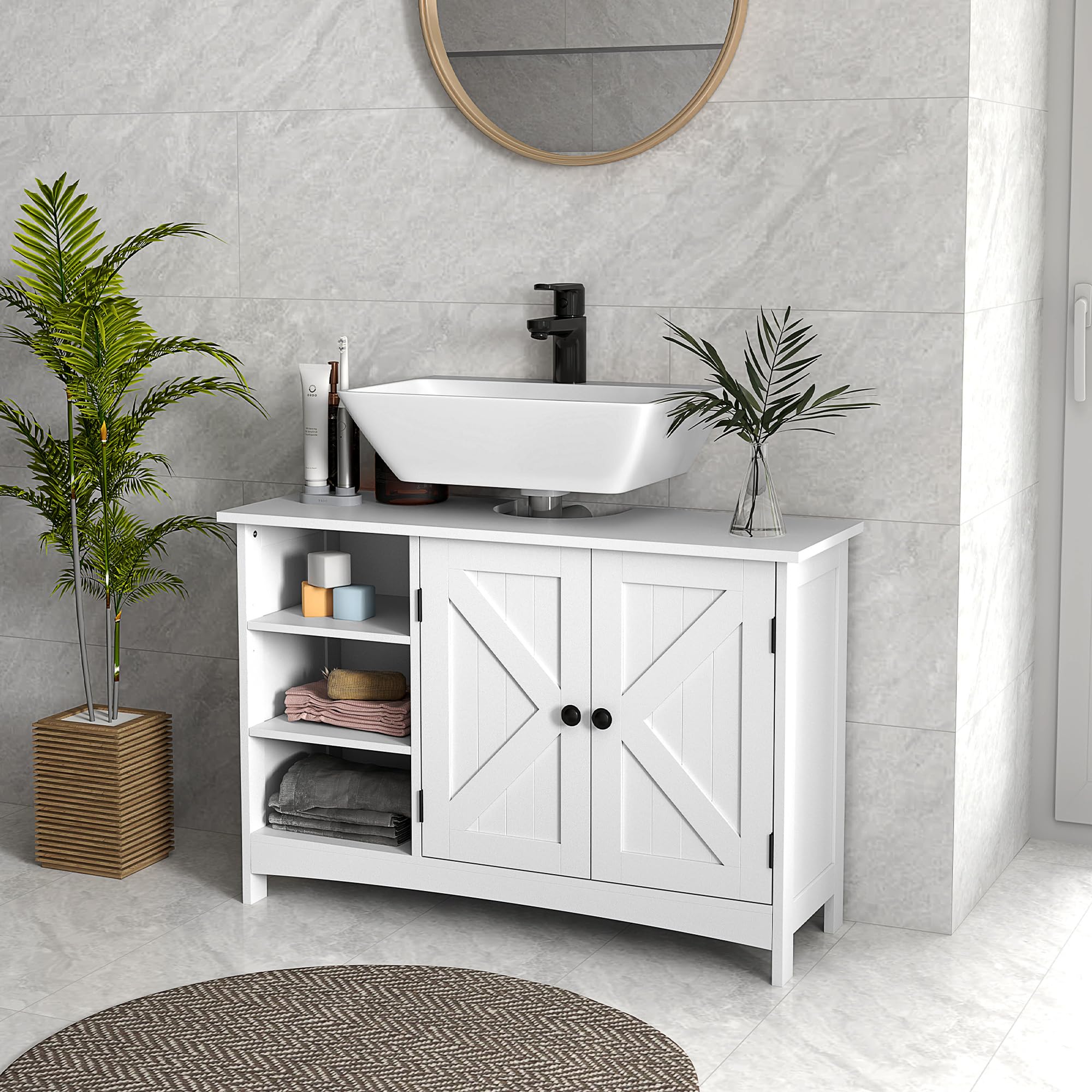 kleankin Mueble para Debajo del Lavabo Armario para Baño bajo Lavabo Moderno con Estantes Ajustables 2 Puertas y Antivuelco 90x30x60 cm Blanco