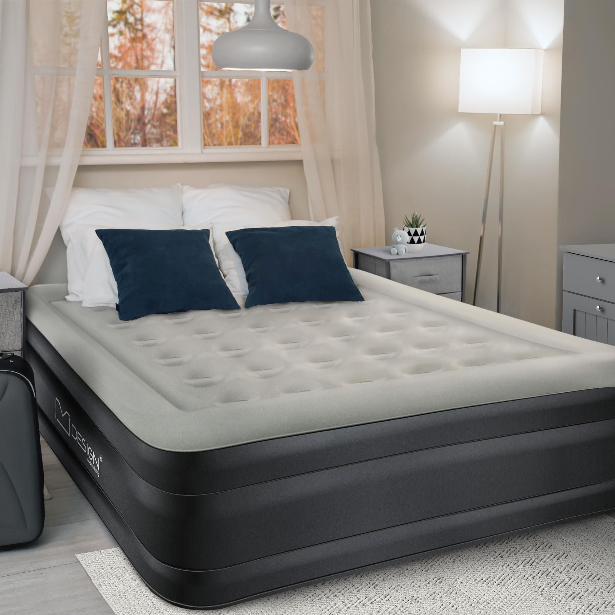 ML-Design Luftmatratze 2 Personen 203x157x47 cm Grau, TÜV Zertifiziert, Luftbett selbstaufblasend mit elektrischer Luftpumpe 230V, Aufblasbare Matratze für Camping, Gästebett Doppelbett + Tragebeutel
