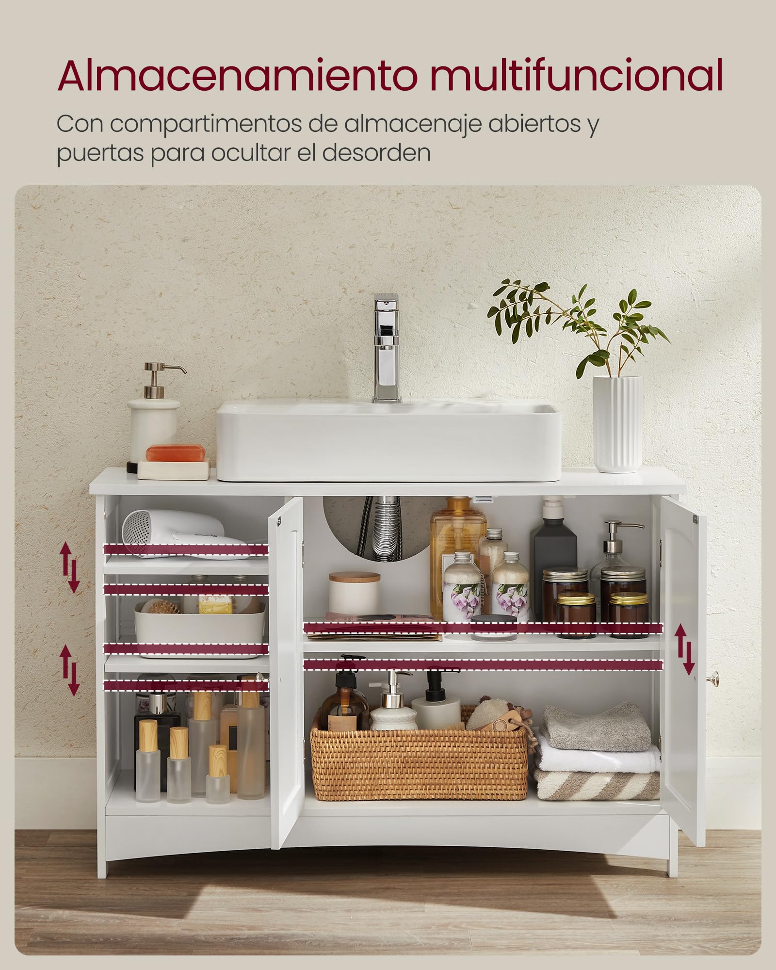 VASAGLE Mueble de Lavabo, Extra Largo, 30 x 90 x 60 cm, 2 Puertas