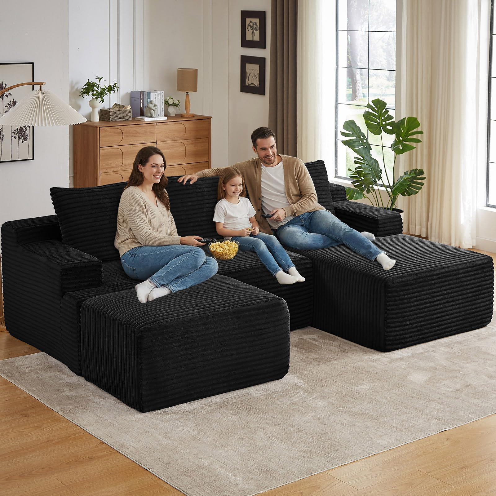 96" U-Shape Cloud Couch, Modern Modular Sectional L-Shape Sofa with Ottoman, Corduroy Upholstered Couches Deep Seat Sleeper Chaise Longue for Living Room, No Assembly Required(Black, Right Facing)