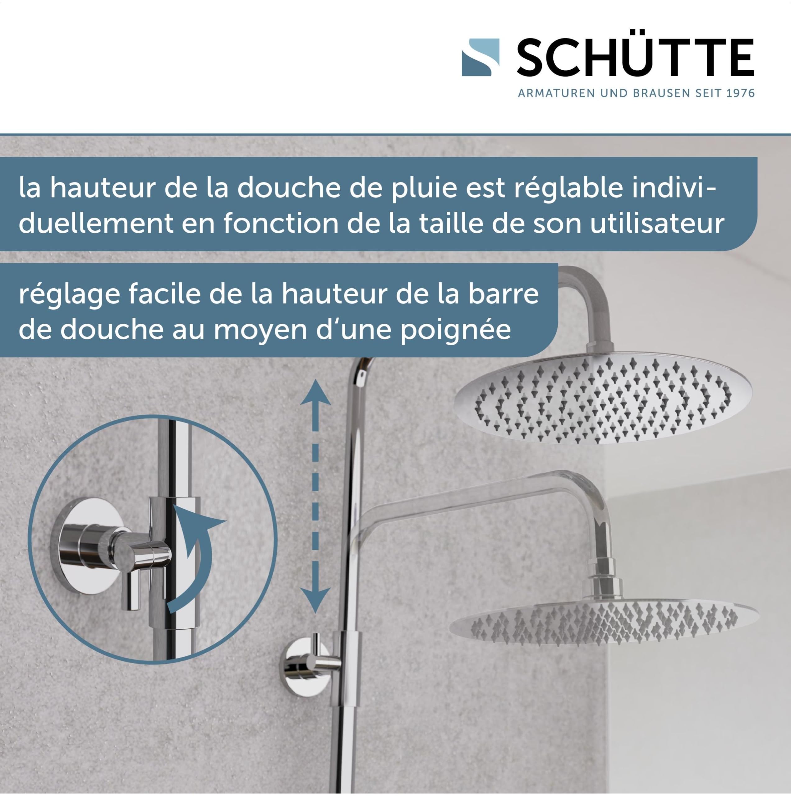 SCHÜTTE Aquaduct 60044 Système de douche avec thermostat, grande douche à effet pluie (Ø 25 cm) et douchette réglable, ensemble de douche avec barre de douche, douche avec robinetterie, colonne de