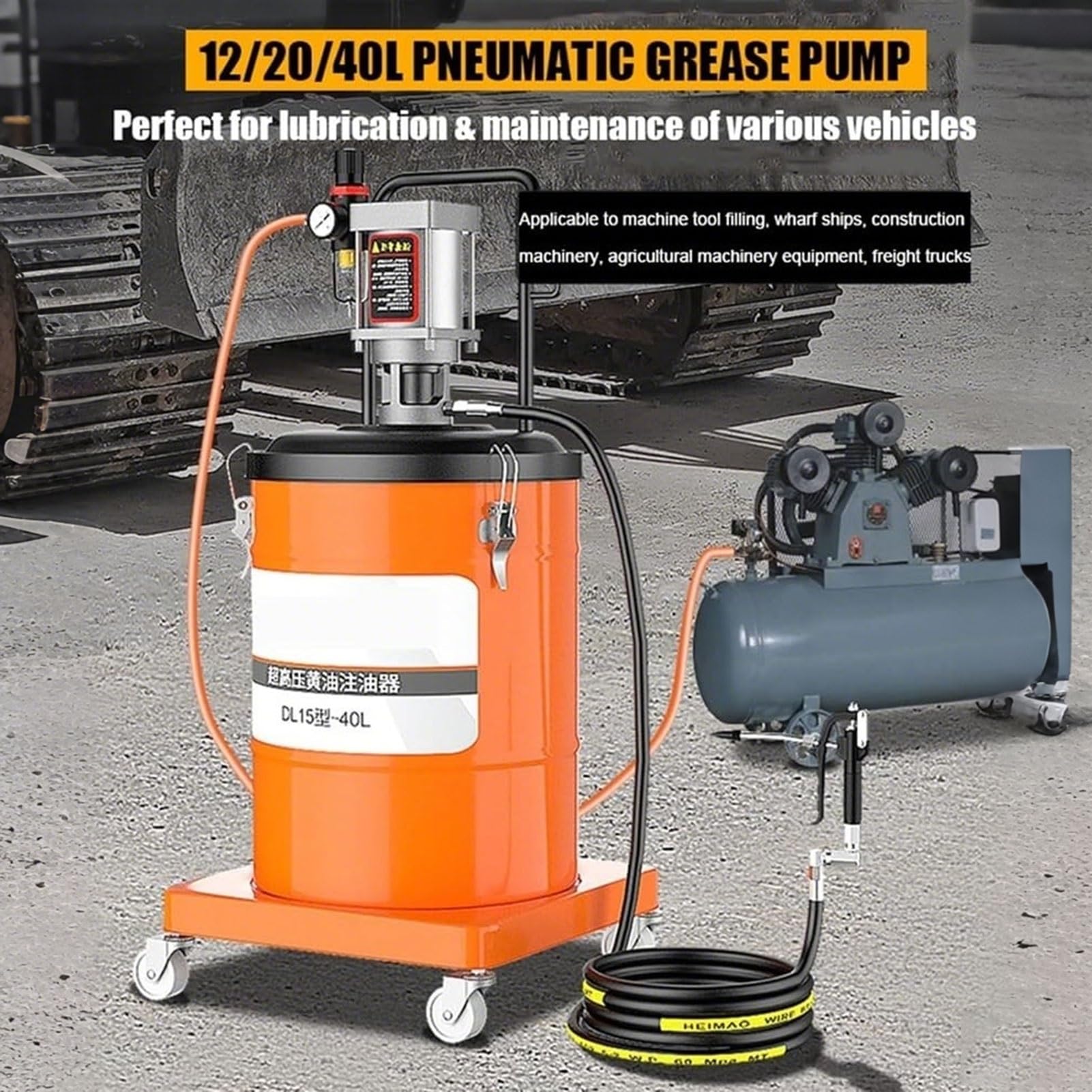 Pompa Per Grassaggio Pneumatica 12L Con Ruote - Kit Pompa Idraulica Alta Pressione 30-40Mpa Con Tubo 6M, 0.85L/Min Per Officina & Industria