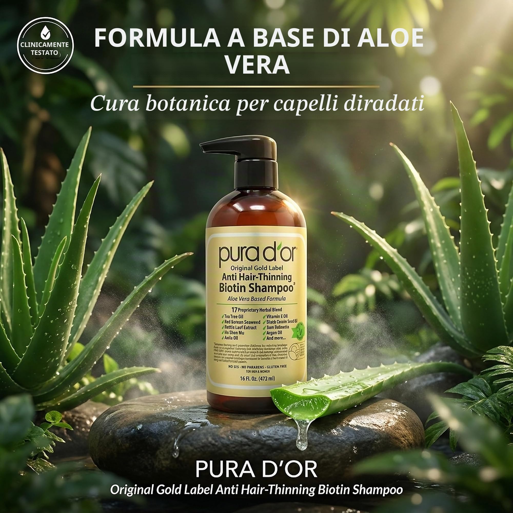 Pura D'Or Shampoo anti-assottigliamento originale in oro testato clinicamente, infuso con olio di argan, biotina, senza solfati, 473 ml (la confezione può variare)