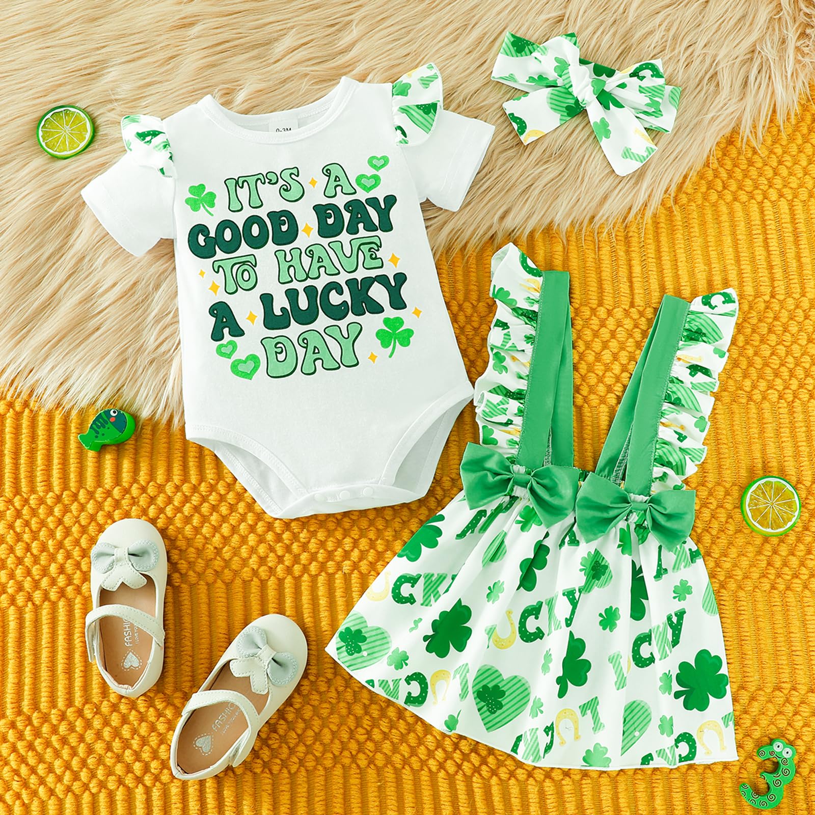 Baby Girls My First St Patricks Day Outfit Green Ruffles Romper Lucky Clover Shamrock Dress Skirt Sets 0-18Months (Green, 0-3 Months)