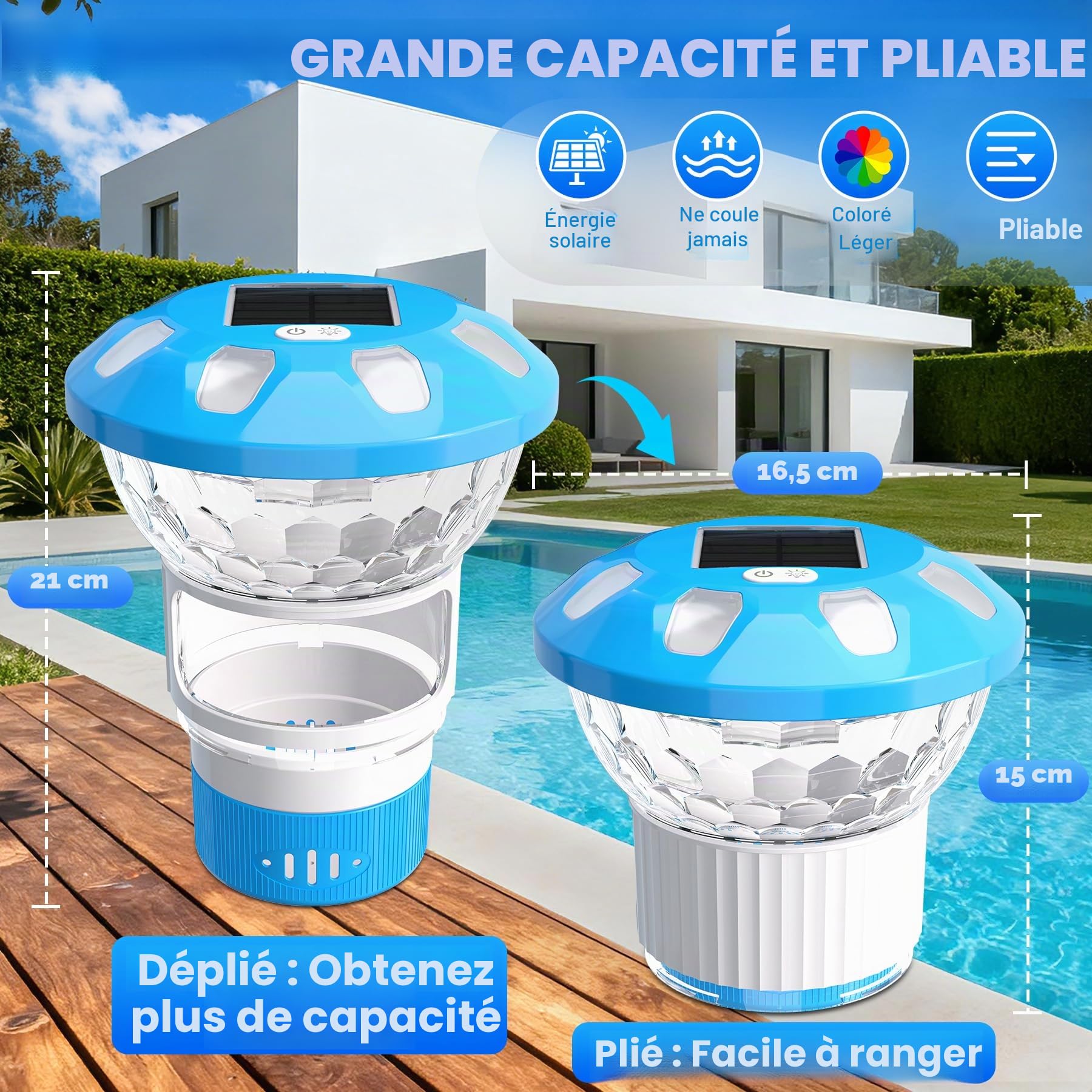 KingSom 2026 Diffuseur Chlore Piscine, Distributeur de Chlore Flottant avec Lumineux Solaire, Contrôle par Bouton Distributeur de Chlore pour Piscine Réglable, Doseur de Chlore,Flotteur Chlore Piscine