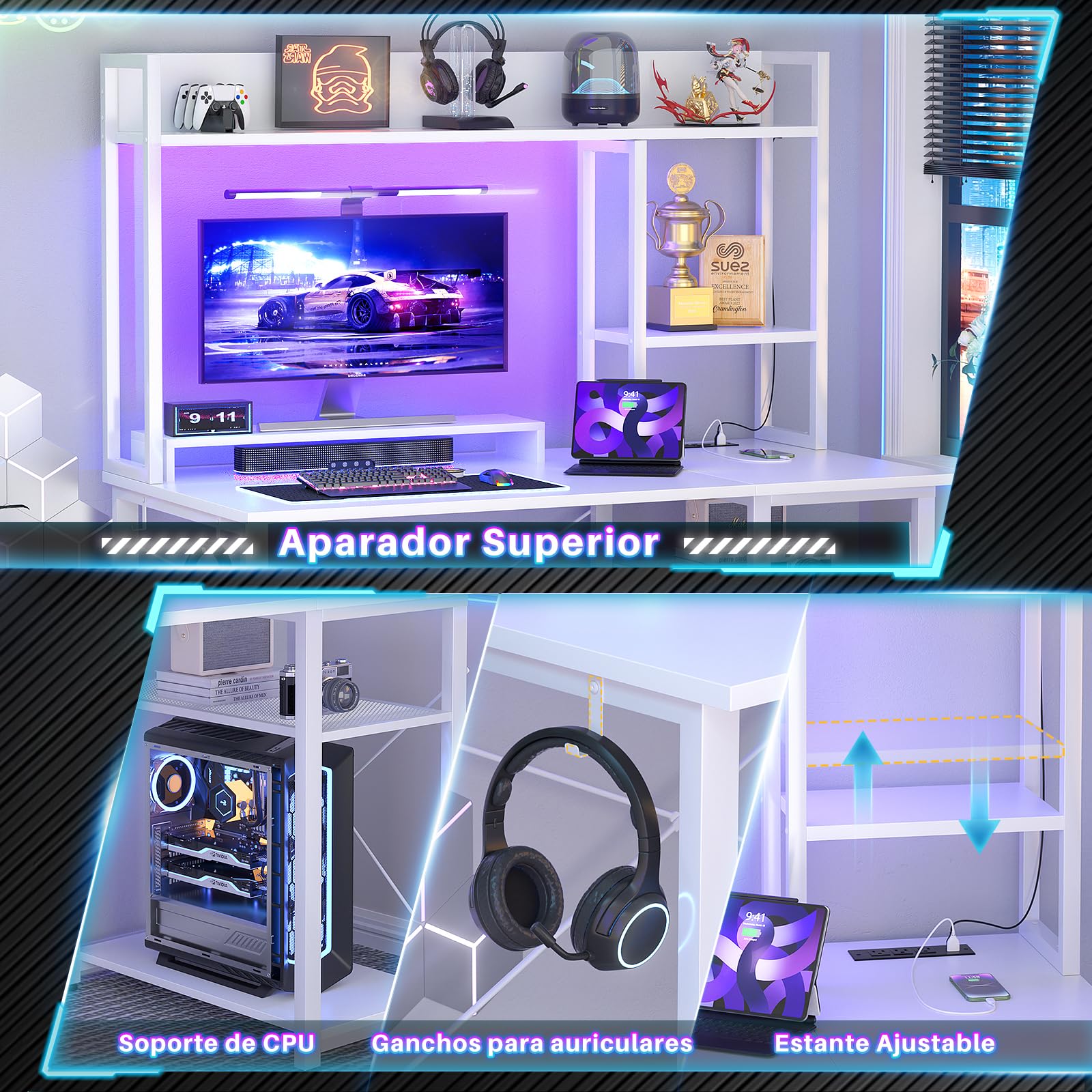 iSunirm Escritorio para Juegos Compartimento, Luces LED y Tomas de Corriente, 100 x 50 cm, estantes y Soporte para Monitor, Blanco