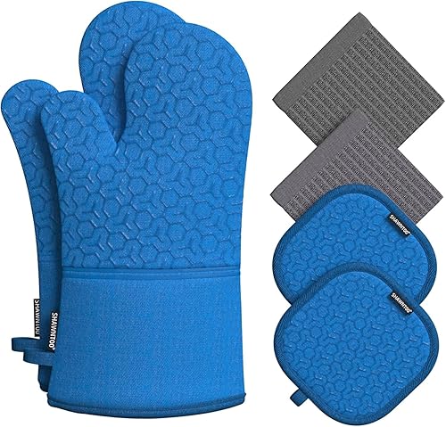 Juego de 6 manoplas para horno y agarraderas, guantes para horno de cocina, guantes de horno de alta resistencia al calor de 550 grados extra largos