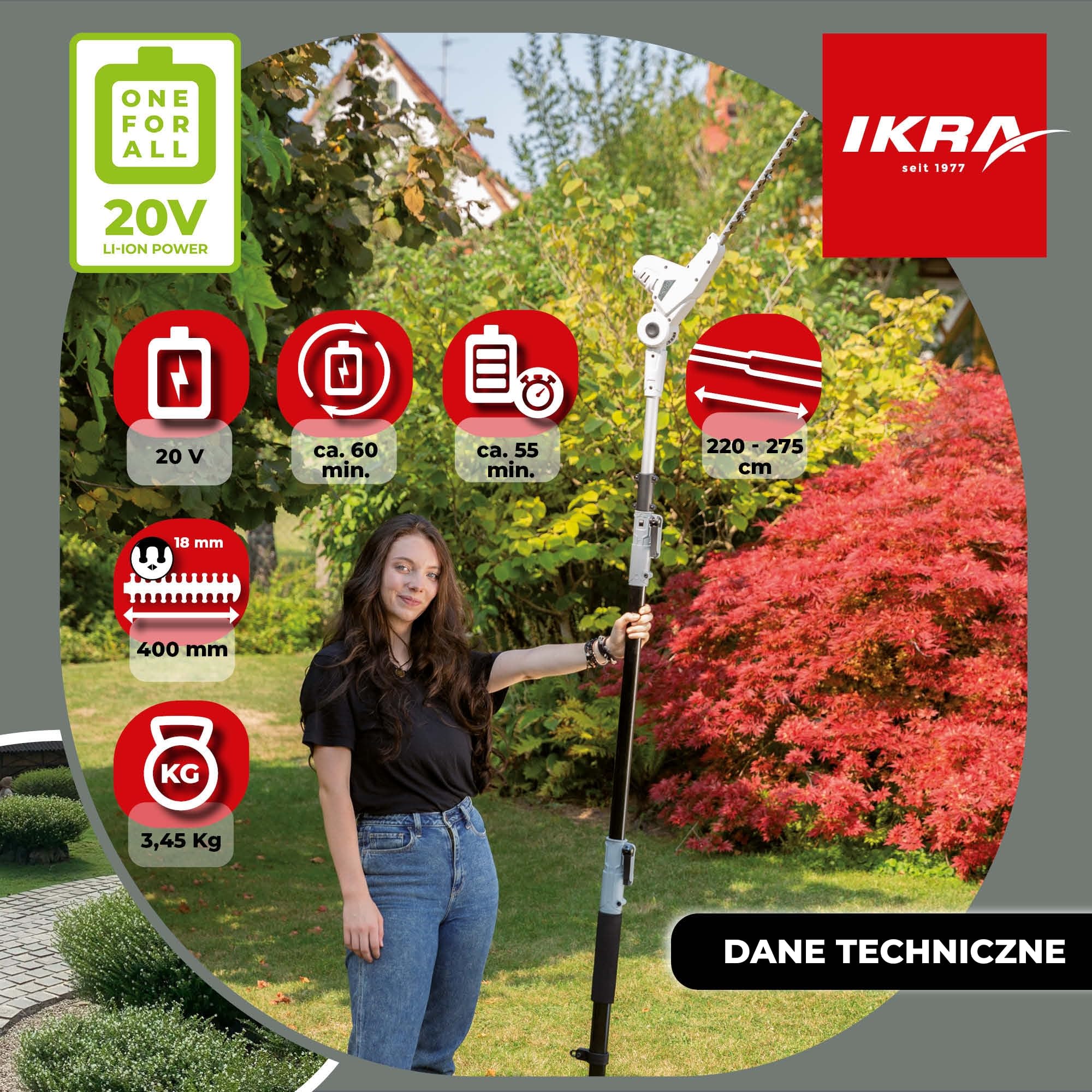 IKRA Nożyce do żywopłotu teleskopowe ICPH 2040, 2x aku, szybka ładowarka | Zasięg 220–275 cm, regulacja kąta do 135°, długość cięcia 40 cm, z pasem naramiennym, system akumulatorów IKRA 20 V