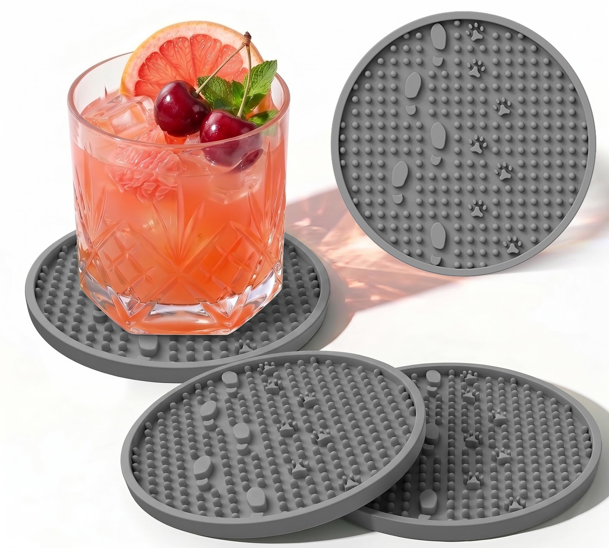 Wingcases Coasters for Drinks(4 Pack, Dark Grey) Cute Aesthetic Pet Paw Design Silicone Cup Mat for Tabletop Protection Non-Slip, Non-Stick, Coffee Table Decor, Great Cat Dog Gift for Any Occasion