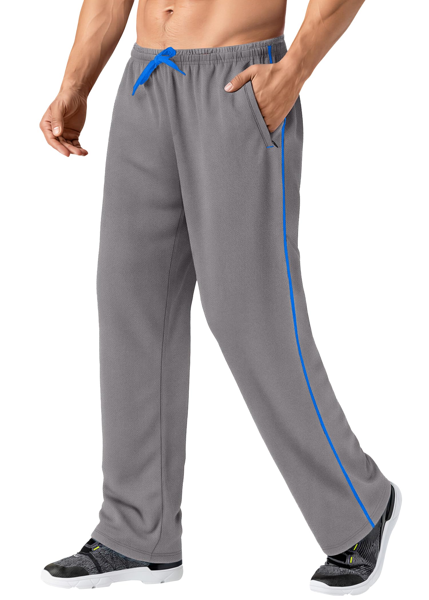 Men's Lightweight Sweatpants Loose Fit Open Bottom Mesh Athletic Pants with Zipper Pockets