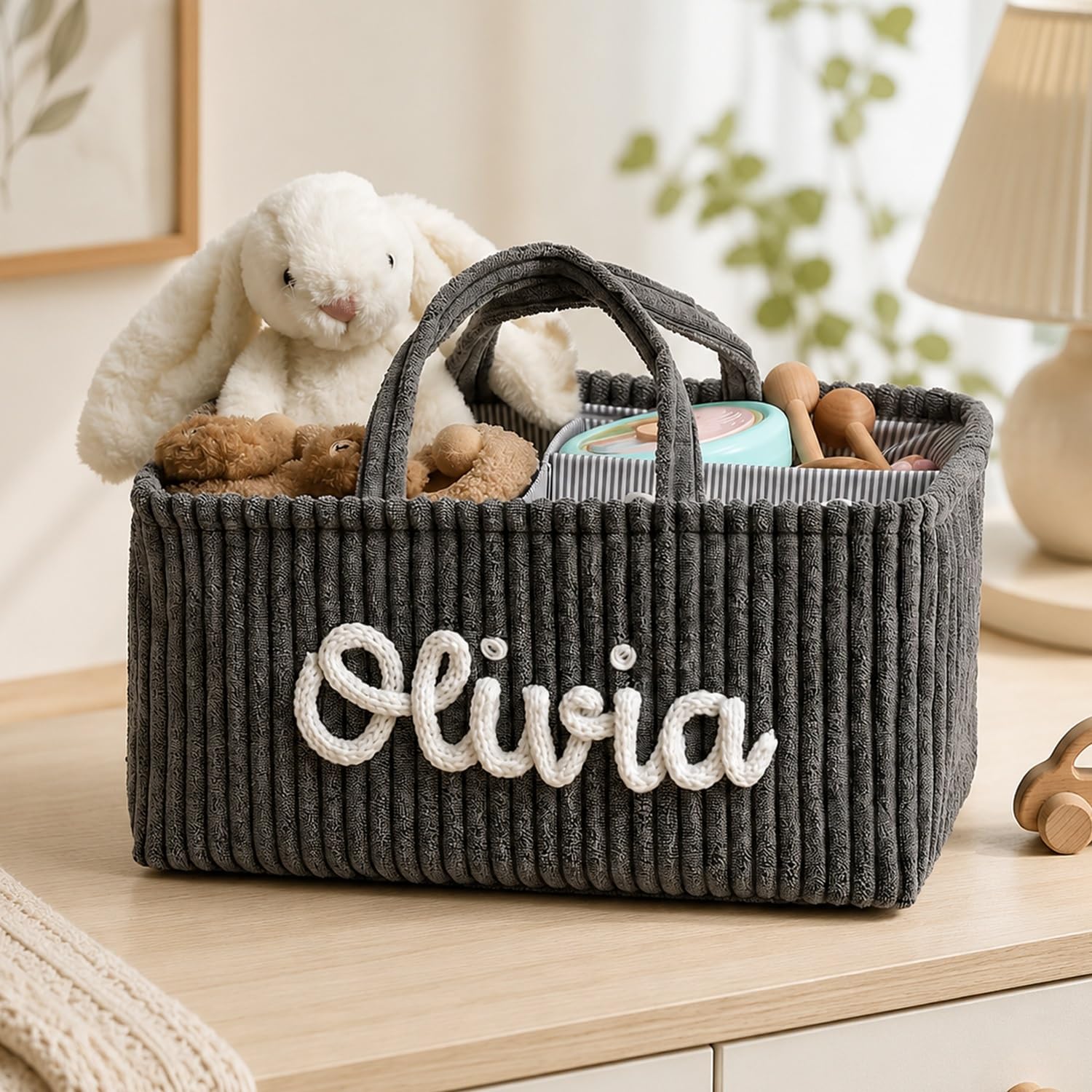 PANPANZZ Custom Name Baby Storage Basket With Dividers, Personalized Corduroy Diaper Caddy, Nursery Clothing And Blankets Bin, Organizer For Newborn Essentials