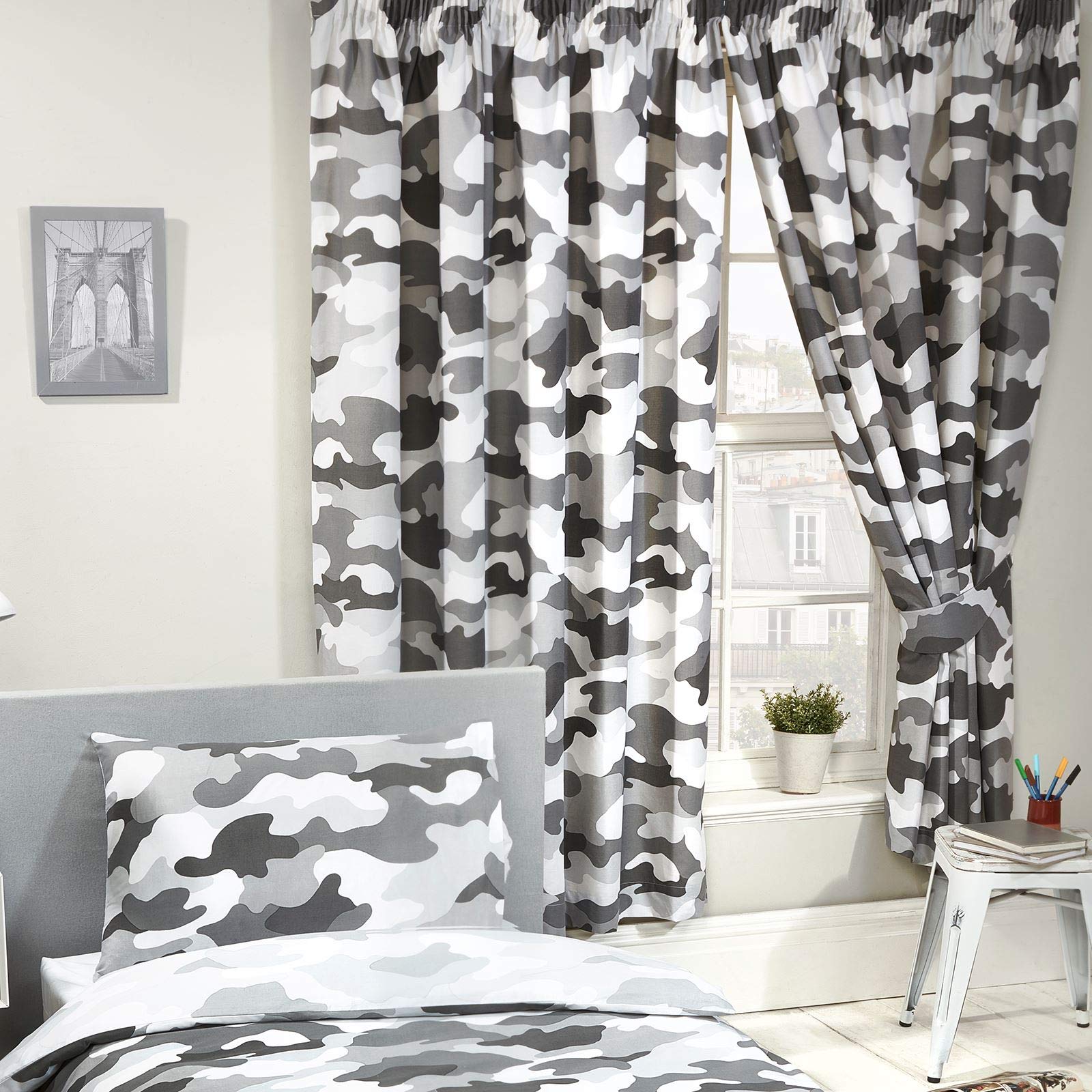 Grey Army Camouflage Lined 72'' Curtains from B&Q