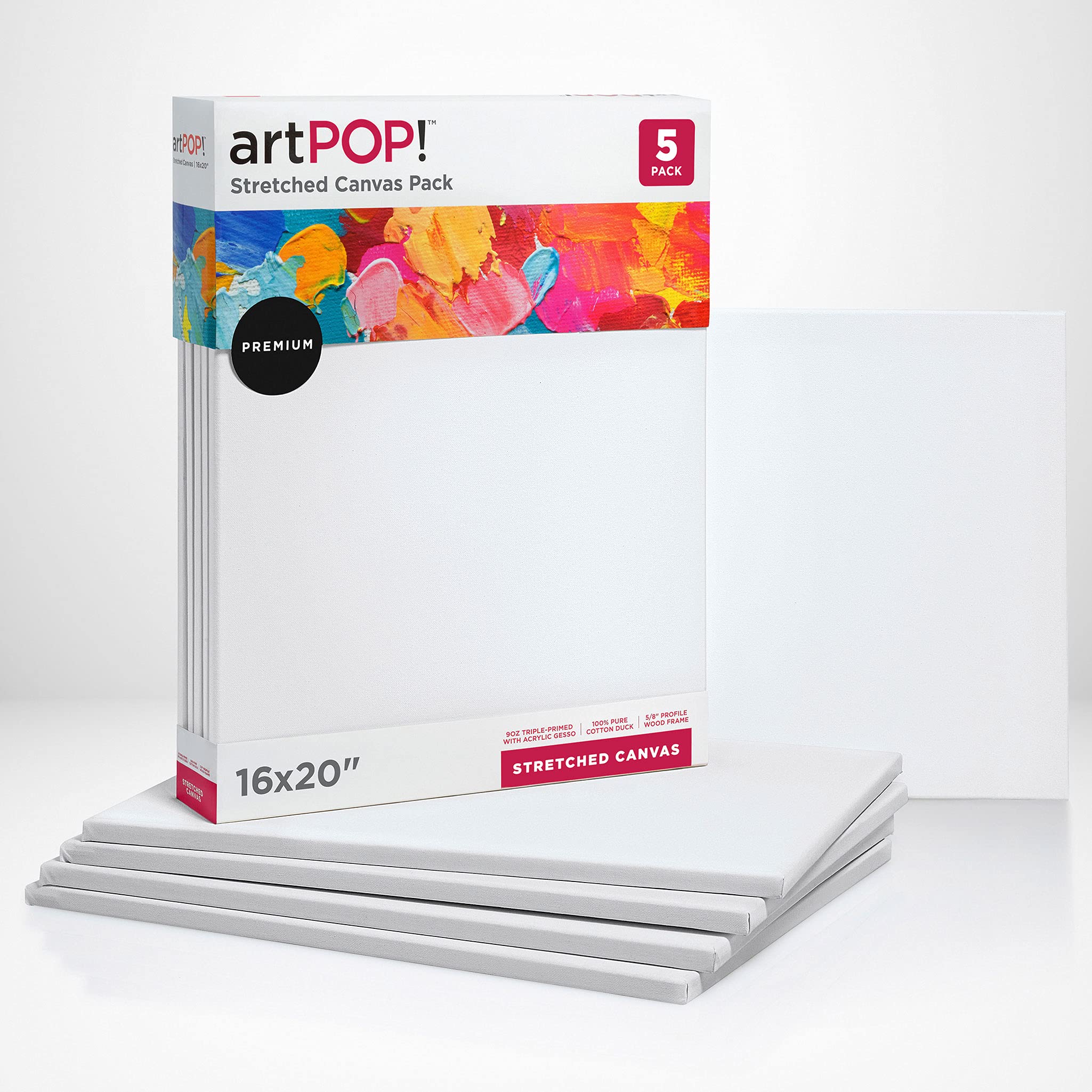 artPOP! Stretched Canvas Pack - 16" x 20" Canvas, Package of 5, 100% Pure Cotton Duck Canvas, Triple-Primed with Acrylic Gesso, 5/8" Profile, Durable Wood Frame