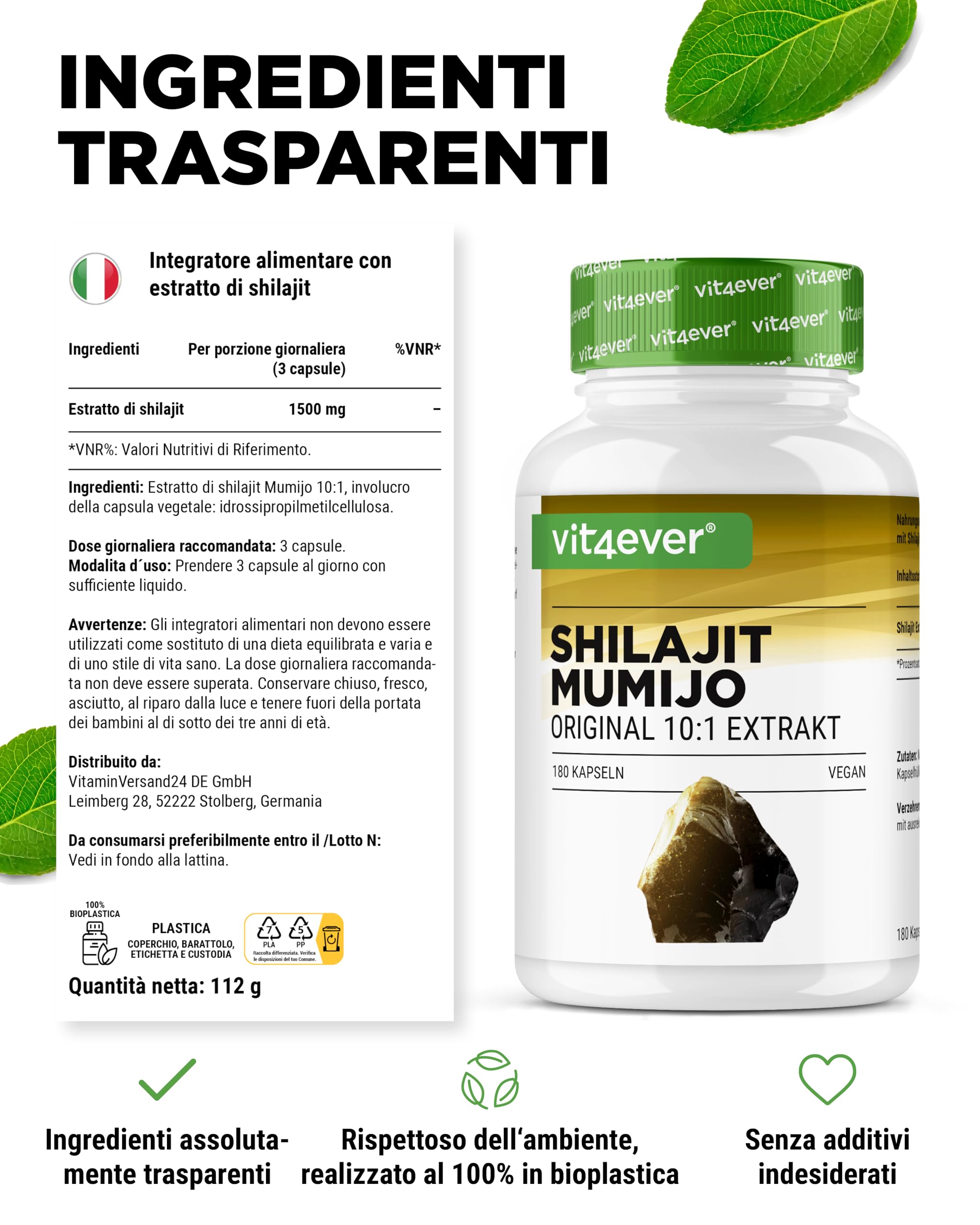 Mumijo Shilajit -180 capsule - Altamente dosato con 1500 mg per dose Giornaliera - Estratto Originale dell'Himalaya 10:1 - Senza additivi indesiderati - Vegan