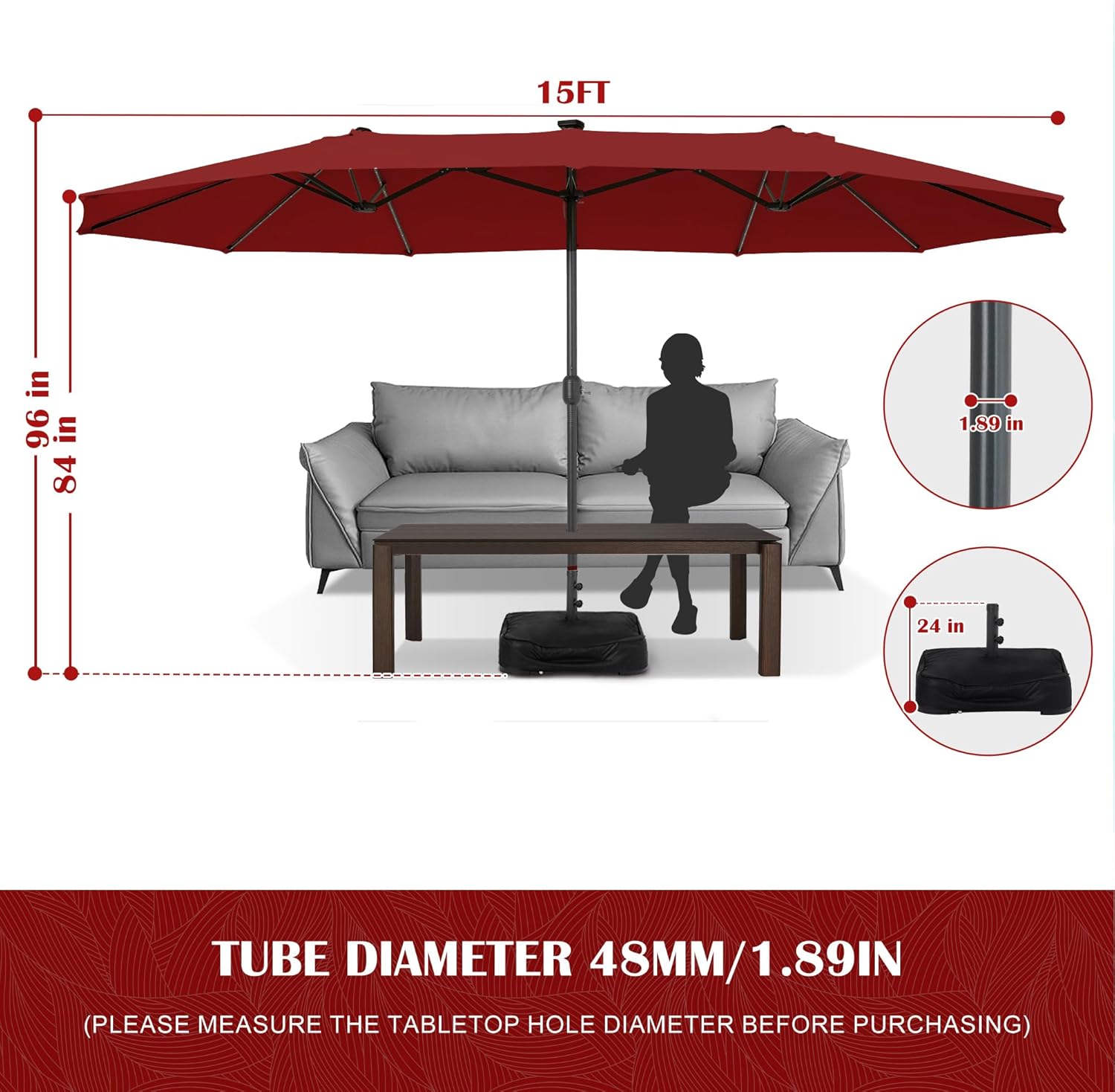 Sundale Outdoor Solar 15 ft 144 LED Olefin 5-Year-Non-Fading Patio Umbrella with Sandbag Base Included and Cover, Outdoor Double-Sided Umbrella with Lights