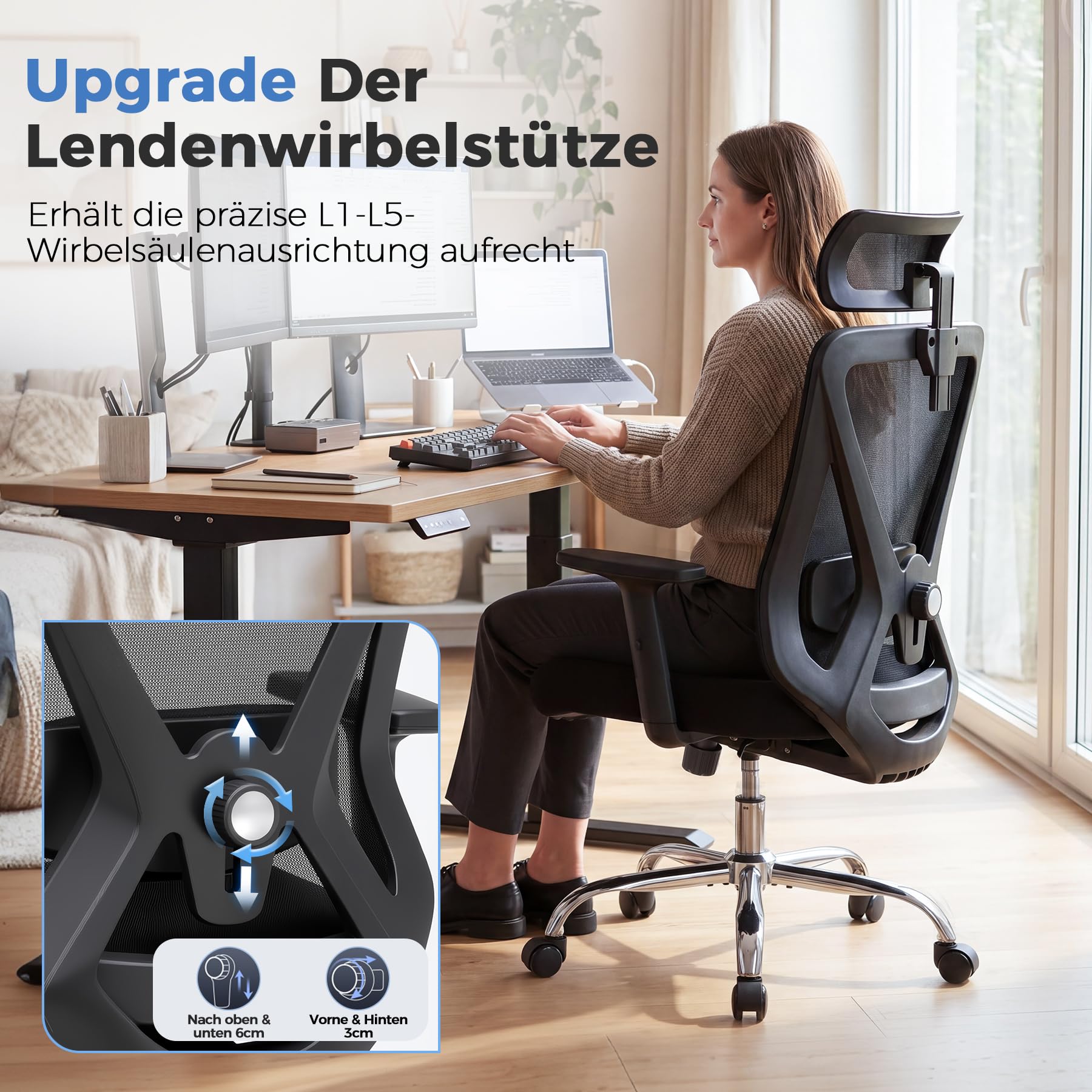 GTPLAYER Bürostuhl Ergonomisch [TESTSIEGER], Schreibtischstuhl mit 3D-Lendenwirbelstütze, Verstellbarer Kopfstütze und Armlehnen, Chefsessel Office Chair 150kg Schwarz