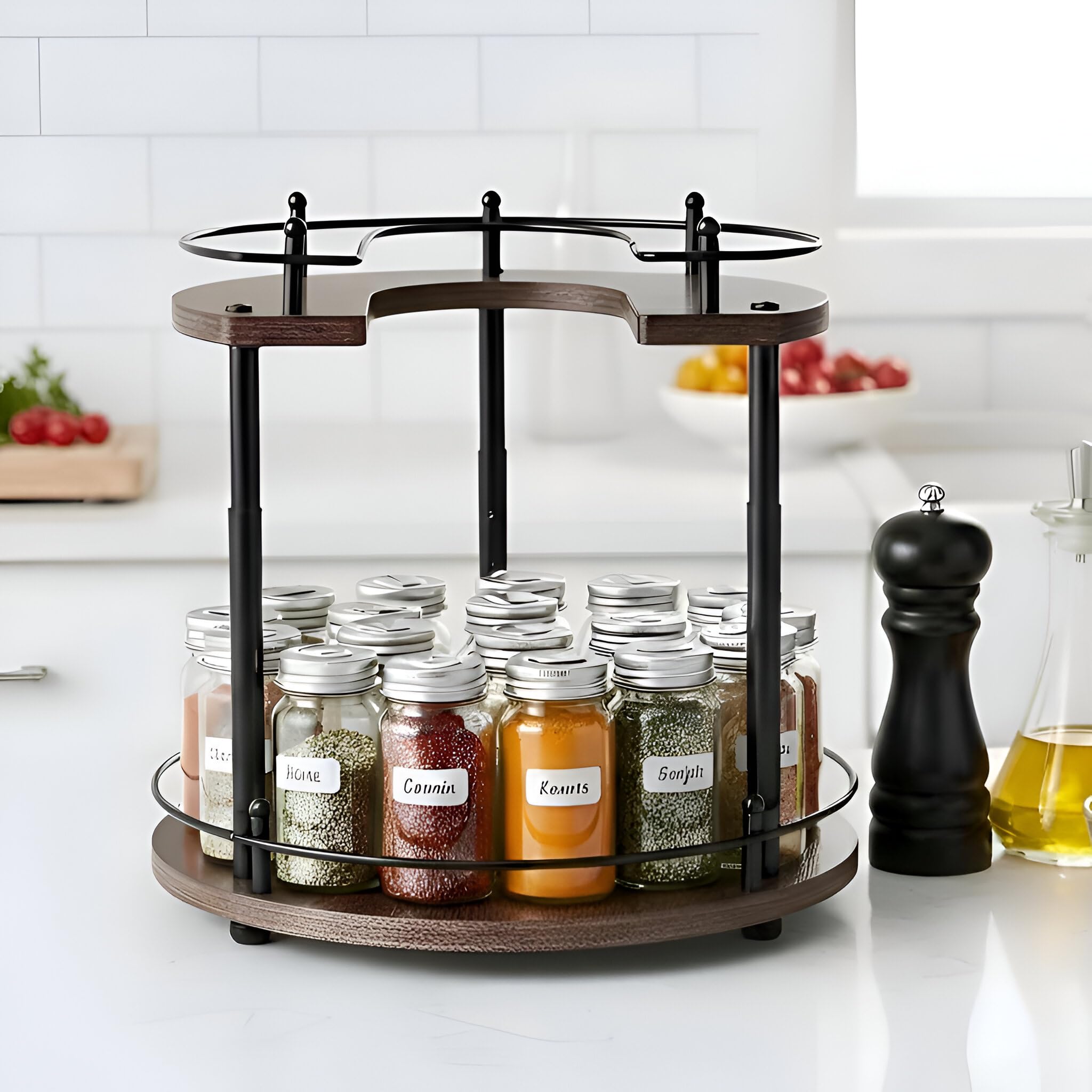 Estante de Especias Giratorio de Madera de 2 Niveles Lazy Susan | Organizador giratorio madera 35 cm, bandeja ajustable en altura para armario, encimera y despensa, diseño compacto y versátil