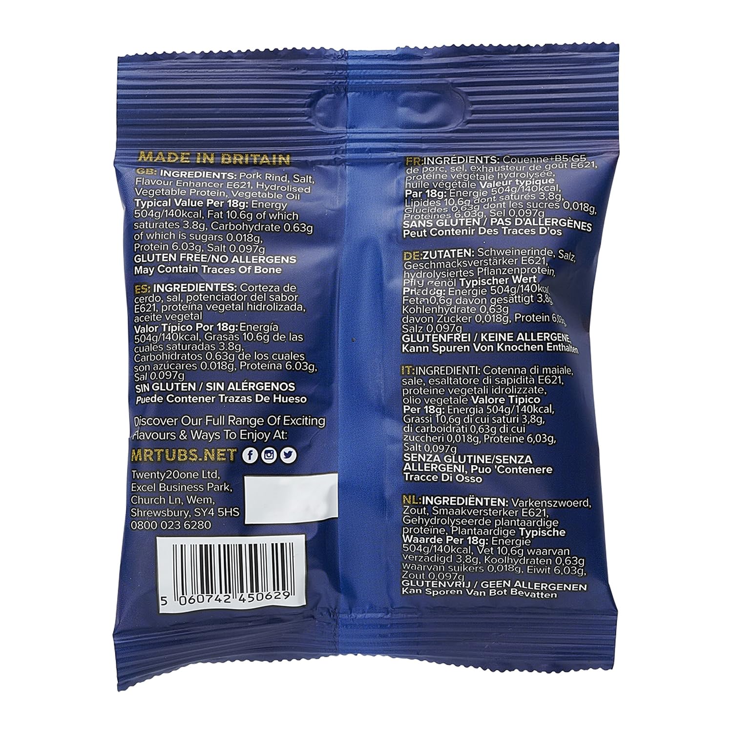 Grattons de Porc de Qualité Mr Tubs Premium Pork Scratchings – Sans Gluten – Salés A La Perfection, 20 Sachets De 18 G – Style Pub, Faible Teneur En Glucides (20 sachets de 18 g)