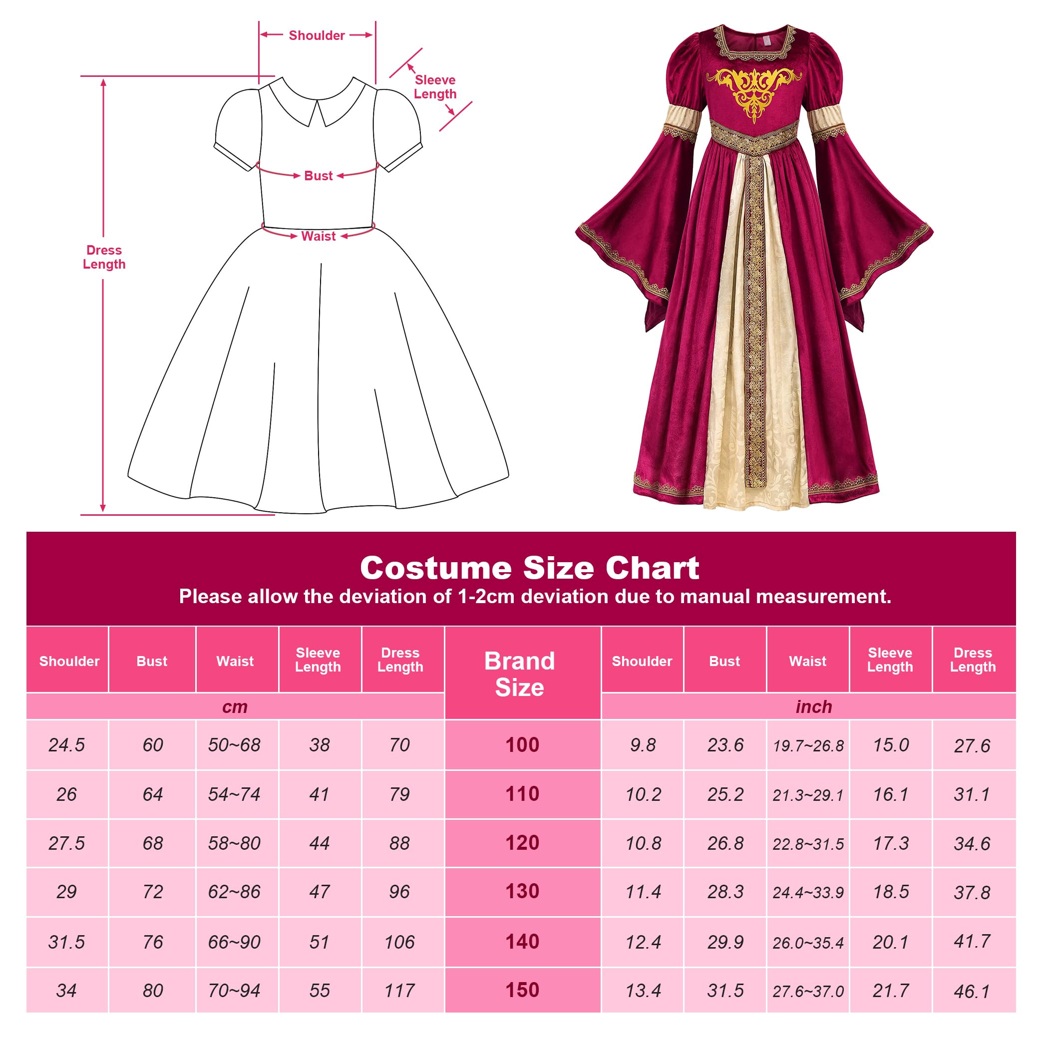 ReliBeauty Deguisement Medieval Fille 3 à 12 ans Robe Medievale Enfant Carnaval