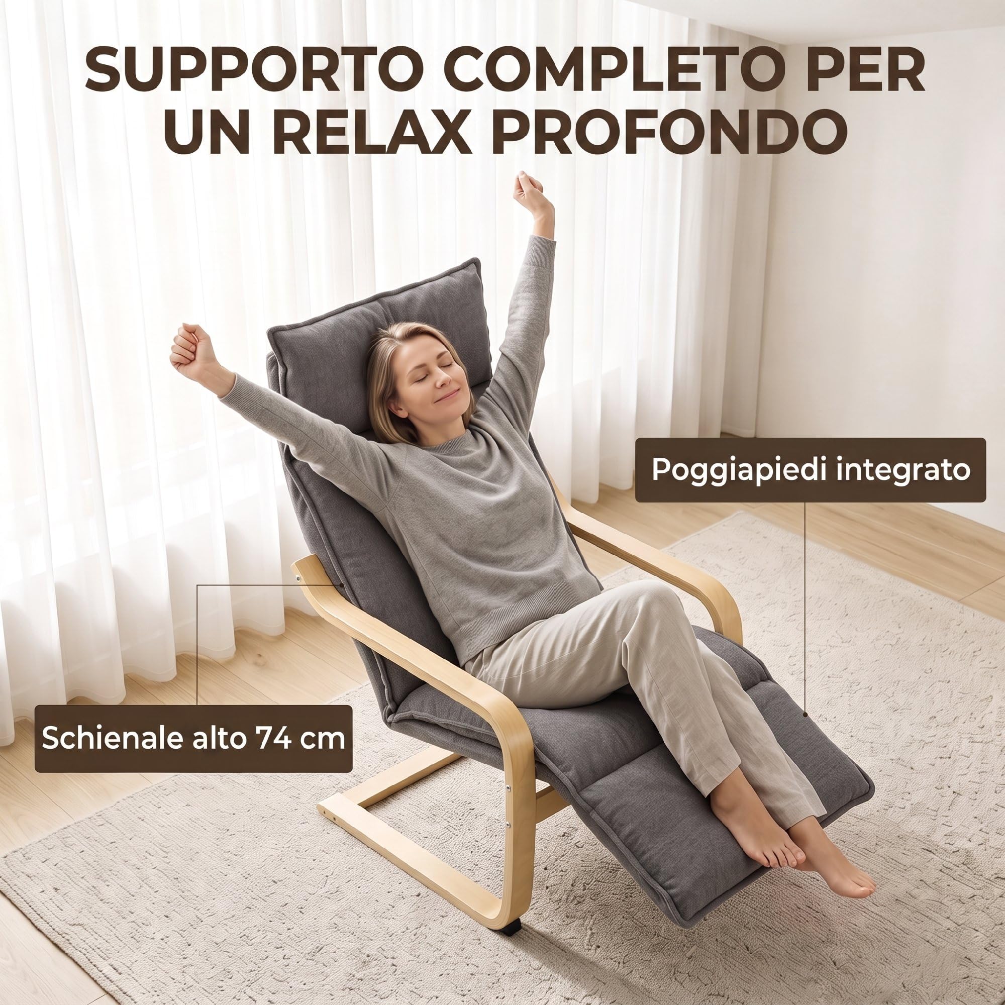 HOMCOM Poltrona Camera da Letto in Legno di Betulla con Poggiapiedi, Poltroncina Dondolo Ergonomica in Tessuto Effetto Lino, Seduta Imbottita, Braccioli Curvi, per Salotto e Soggiorno, Grigio Scuro