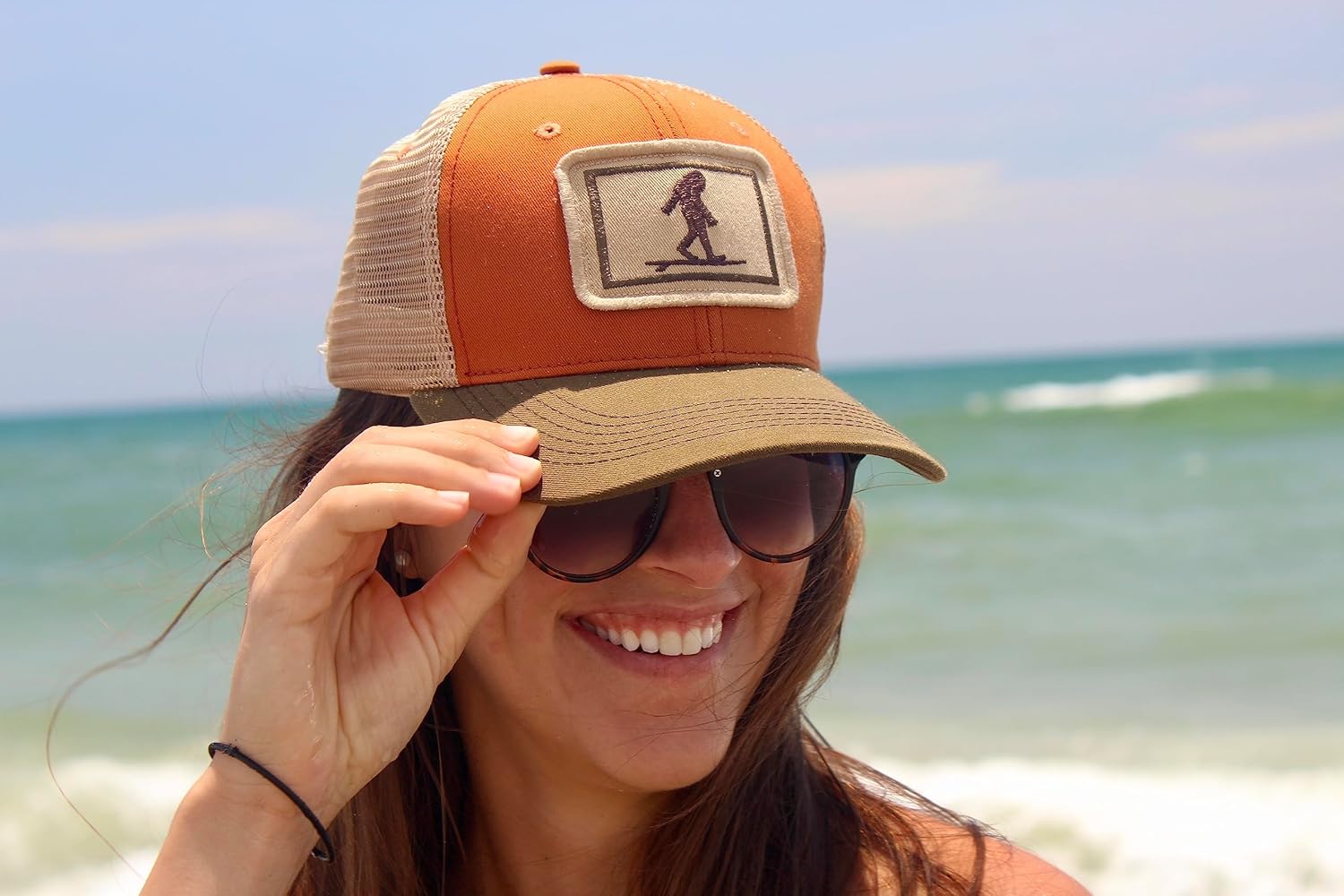 S.L. Revival Co. Everyday Trucker Hat, Structured, Surfing Sasquatch, Burnt Orange and Olive