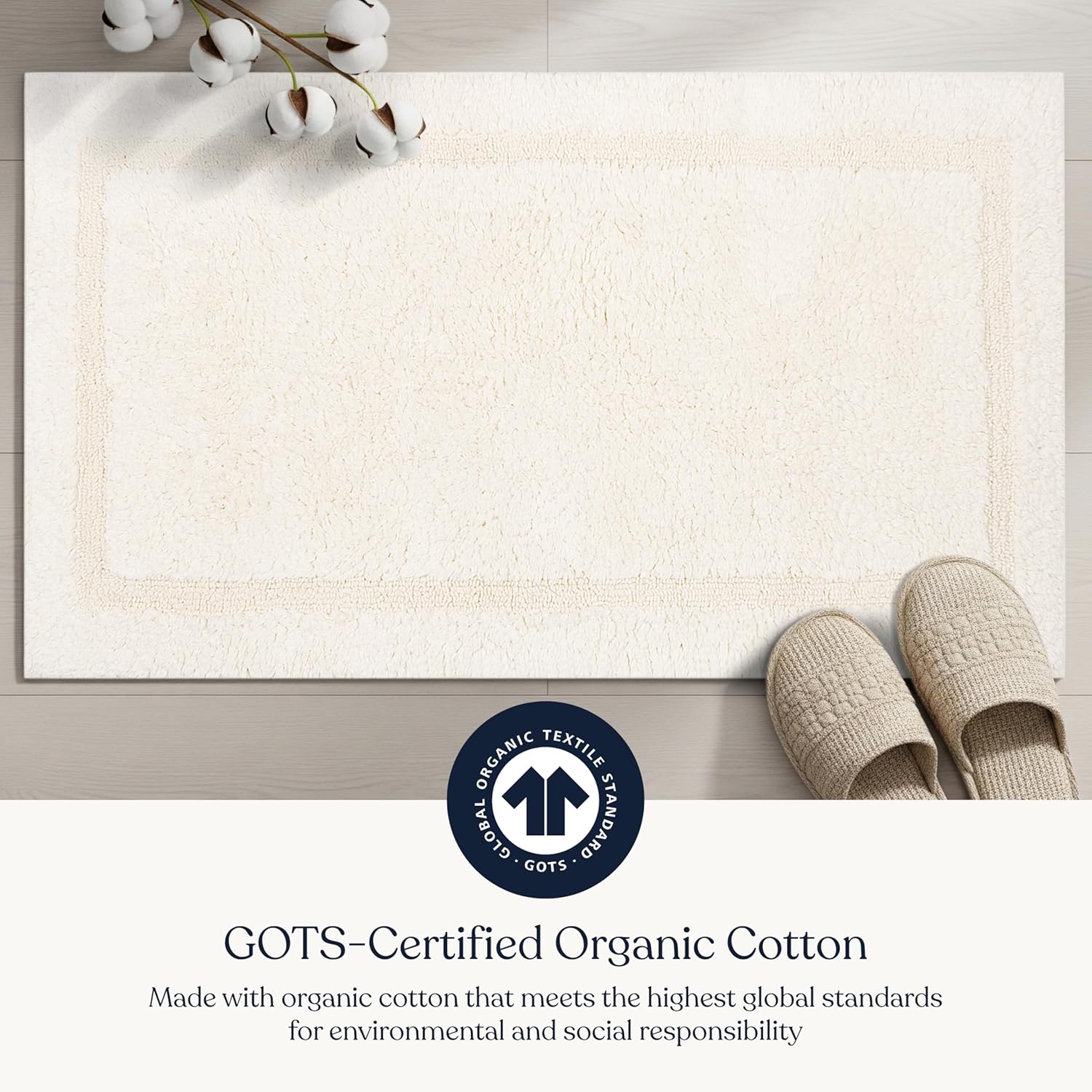 Organic Cotton Reversible Bath Mat – 3000 GSM, GOTS Certified, Ultra-Thick & Super Absorbent | Soft, Plush & Quick-Drying Bathroom Rug (Ivory, 20x30)