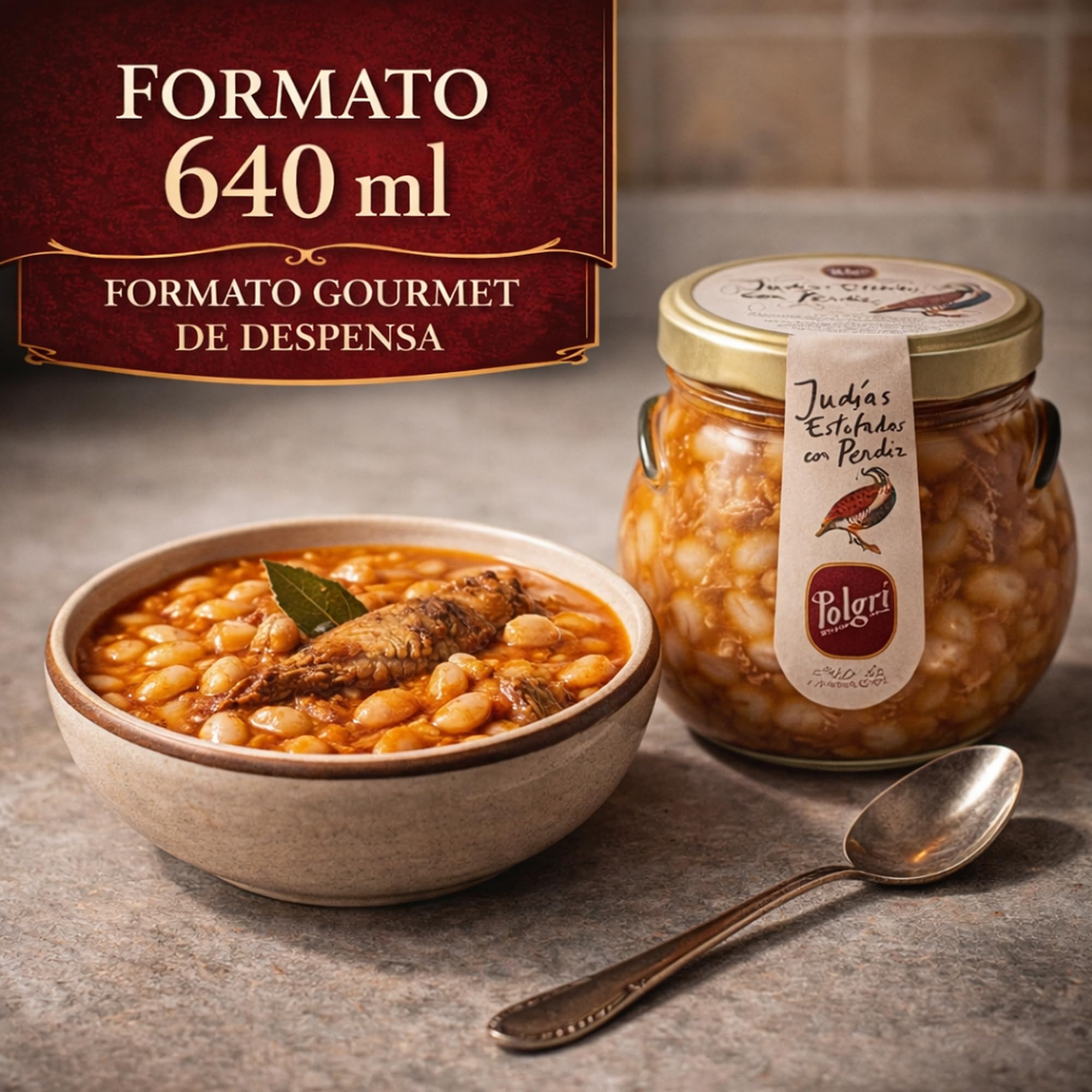 POLGRI Judias Estofadas con Perdiz Gourmet AOVE 640 ml Tarro de Cristal Comida Preparada