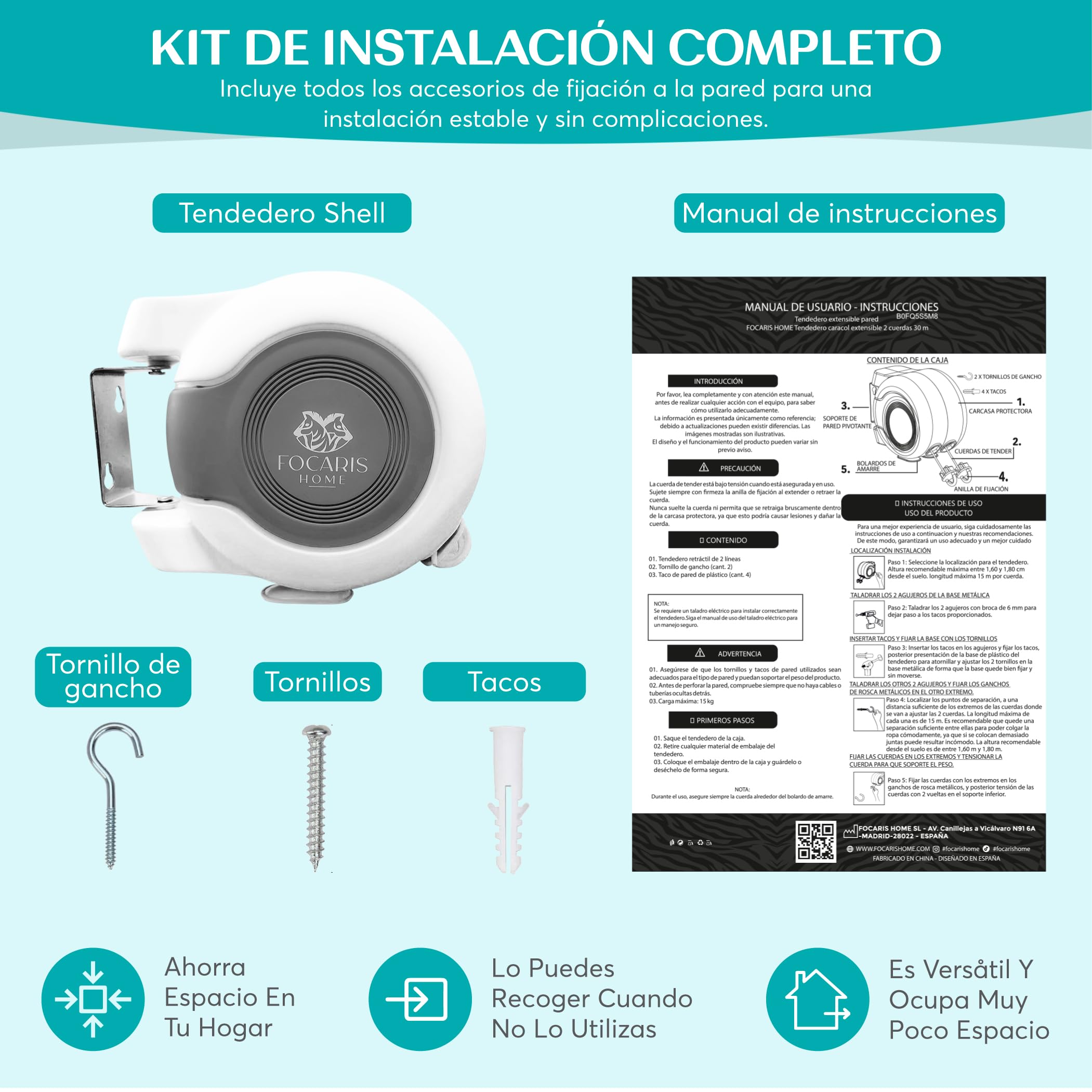 FOCARIS Home Tendedero Extensible Pared Tendedero 30 Metros + 30 kg máx. repartidos en 2 Cuerdas Alta Capacidad secador Ropa Fácil instalación Kit instalación Completo Packaging presentación Regalo