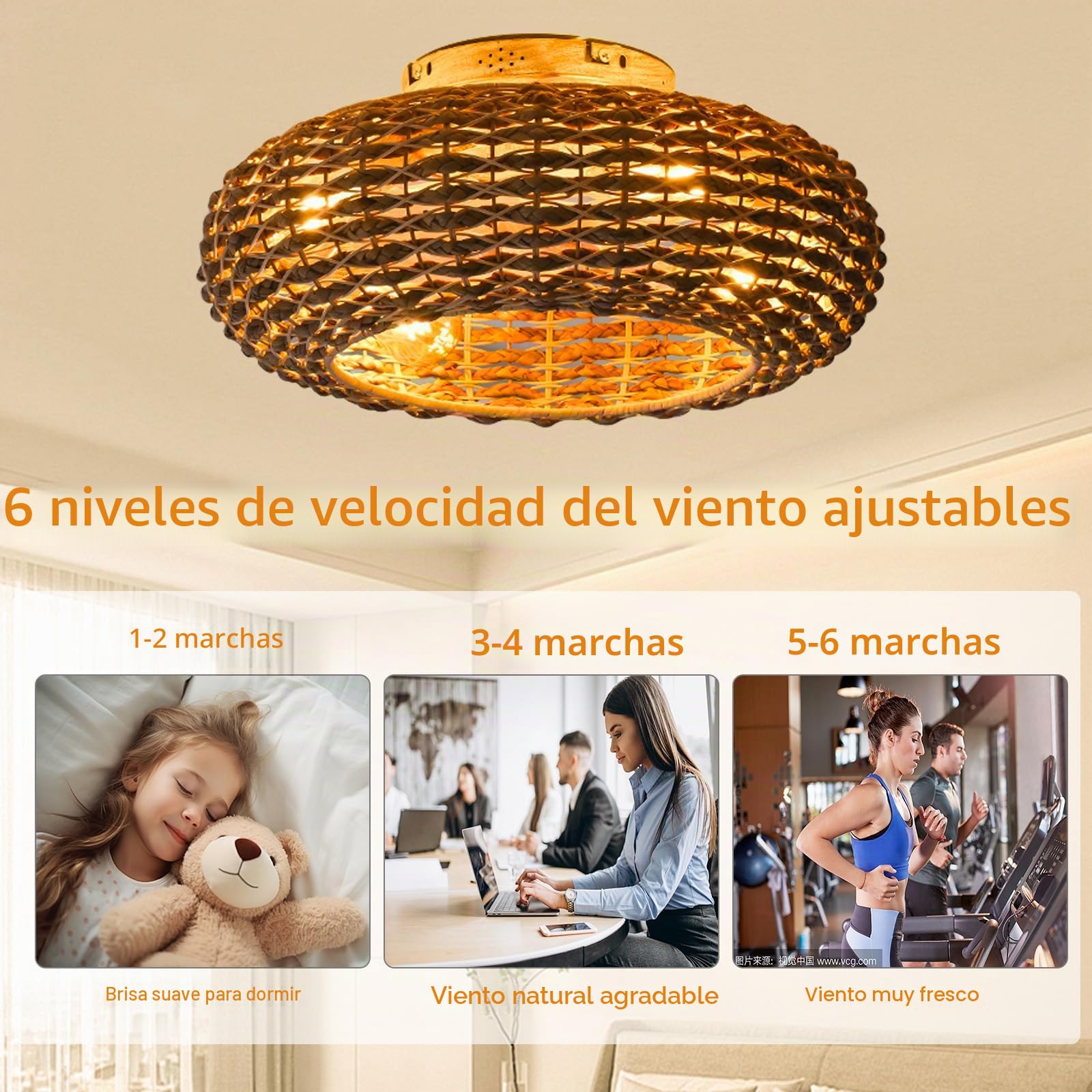 Ventilador De Techo Con Iluminación De Ratán E27 - Control Remoto Silencioso, 6 Velocidades, Temporizador Reversible - Lámpara Para Sala De Estar Y Dormitorio