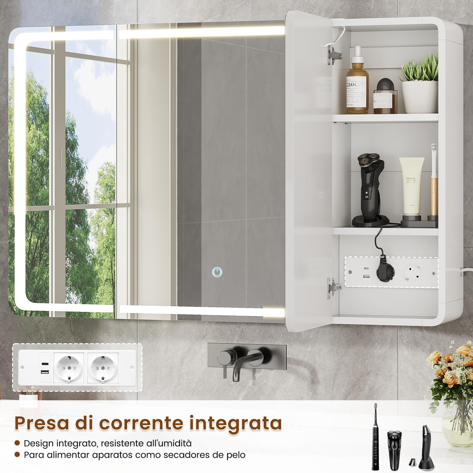 Specchio Bagno Contenitore 90x17x60 cm, Specchiera Bagno, Bianco | Illuminazione a LED a 3 colori, Ripiani Regolabili, Presa Elettrica, Specchio Grande HD Orientabile, Pulsante Touch, 3 Ante