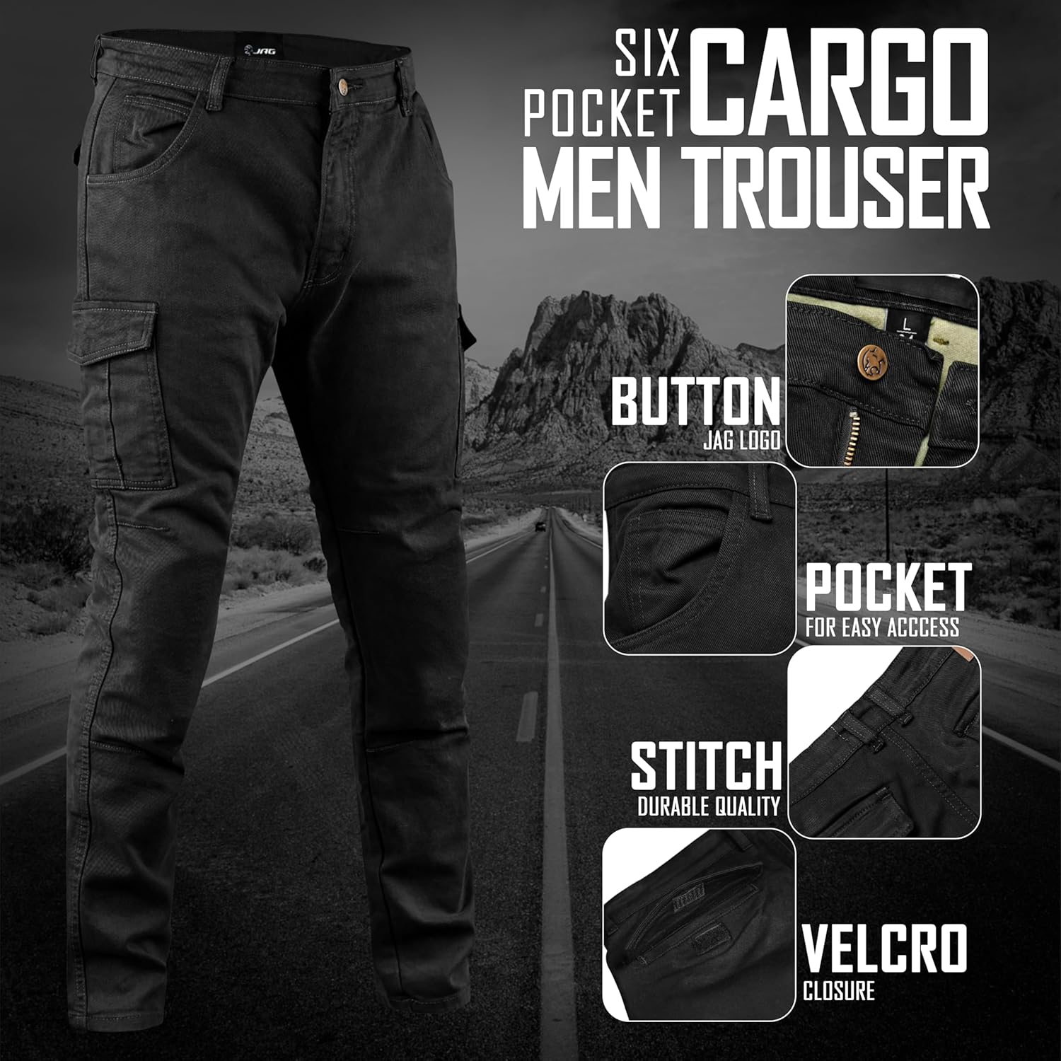 J.A.G. Motorcycle Riding Pants with Aramid Lining & CE Level 2 Armor – Twill Cargo Motorcycle Protective Touring Pants
