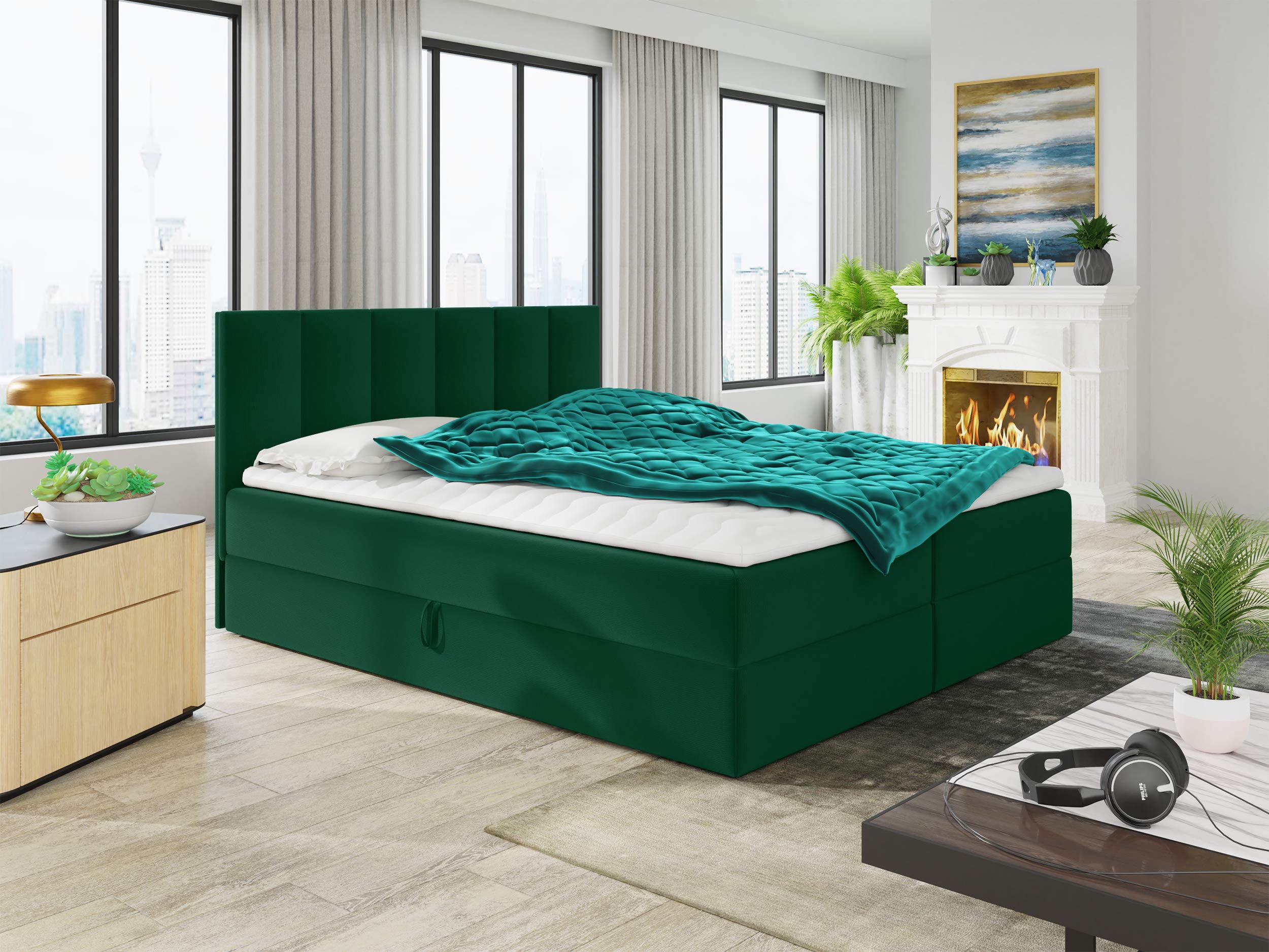 Sofnet Boxspringbett Star mit Topper, Bonell-Matratze und 2 Bettkästen, Doppelbett, Polsterbett, Bett, Bettgestell, Stilvoll, Schlafzimmer, Velour oder Webstoff (Grün (Kronos 19), 180 x 200 cm)