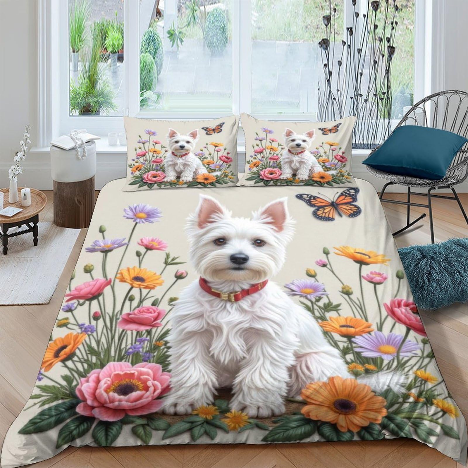 Ctjqhvkz Style-6 3D Printed Westie Dog Fitted Sheet Microfiber Floral Butterfly Bed Cover For Bedroom Guest Room Decor Machine Washable Single（135X200cm）