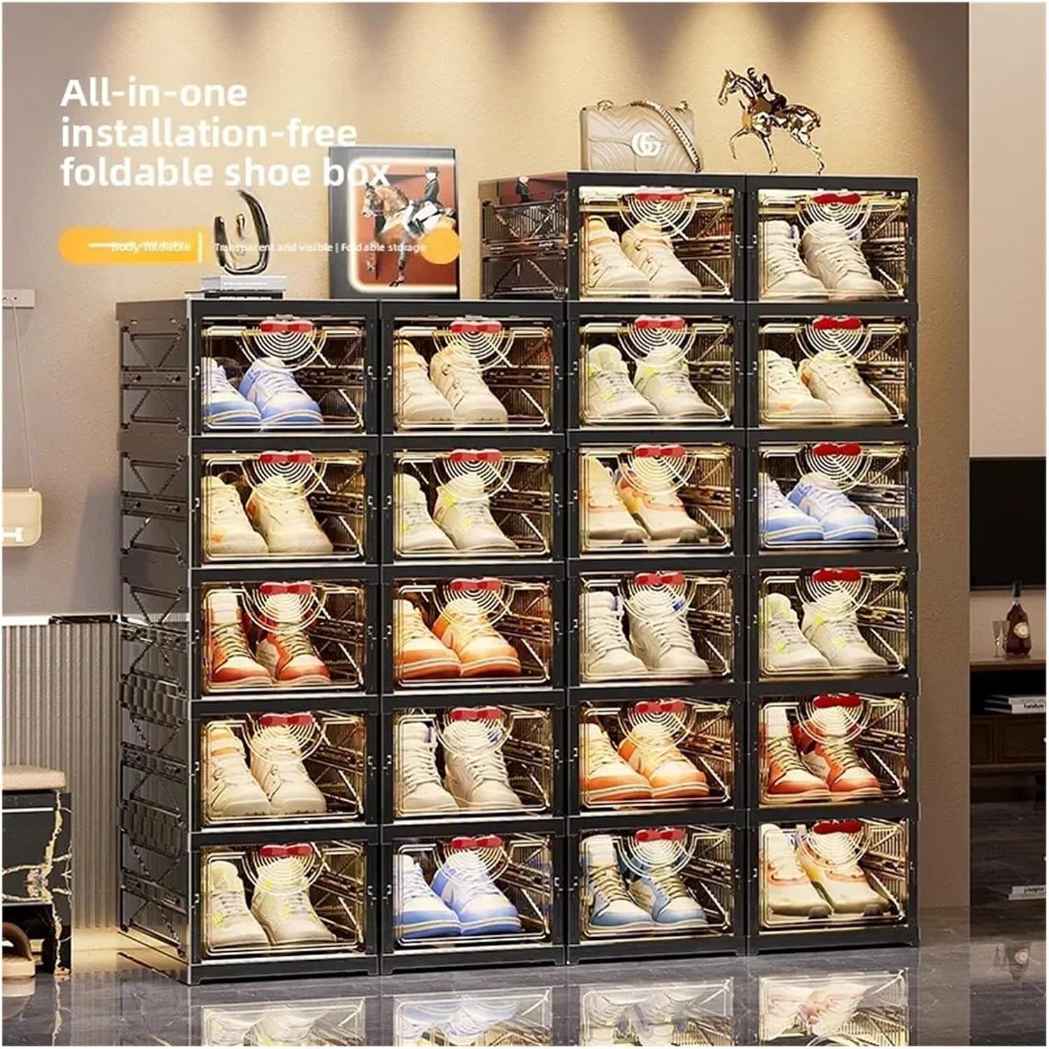Sneaker Box Shoes Organizer Transparent Stackable Shoe Storage Cabinet High Top Rack Foldable Plastic(1 Layer White)