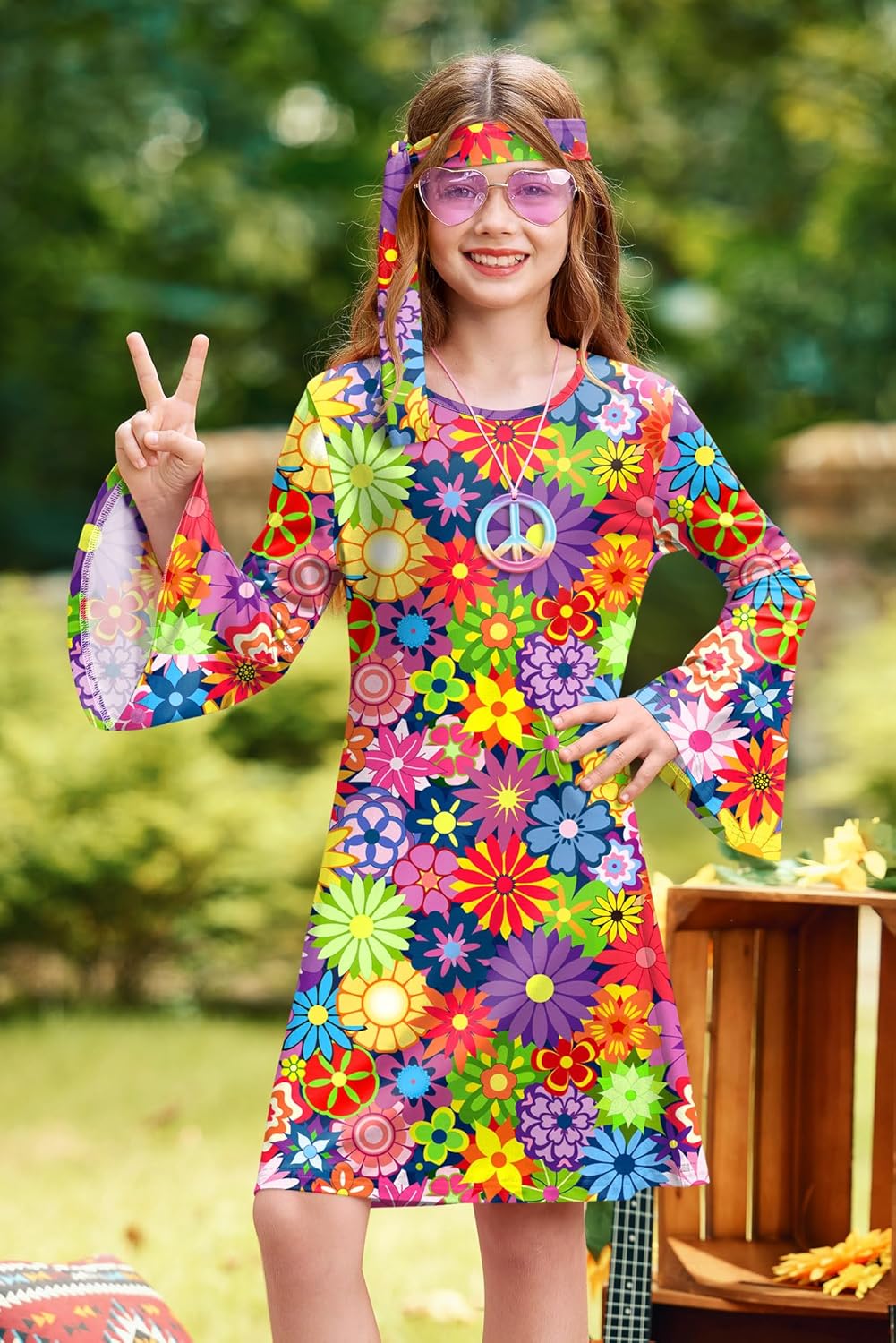BesserBay Girl's 4 Pcs Halloween 70s Hippie Dress Bell Sleeve Floral Printed Outfit 4-14 Years - Image 2