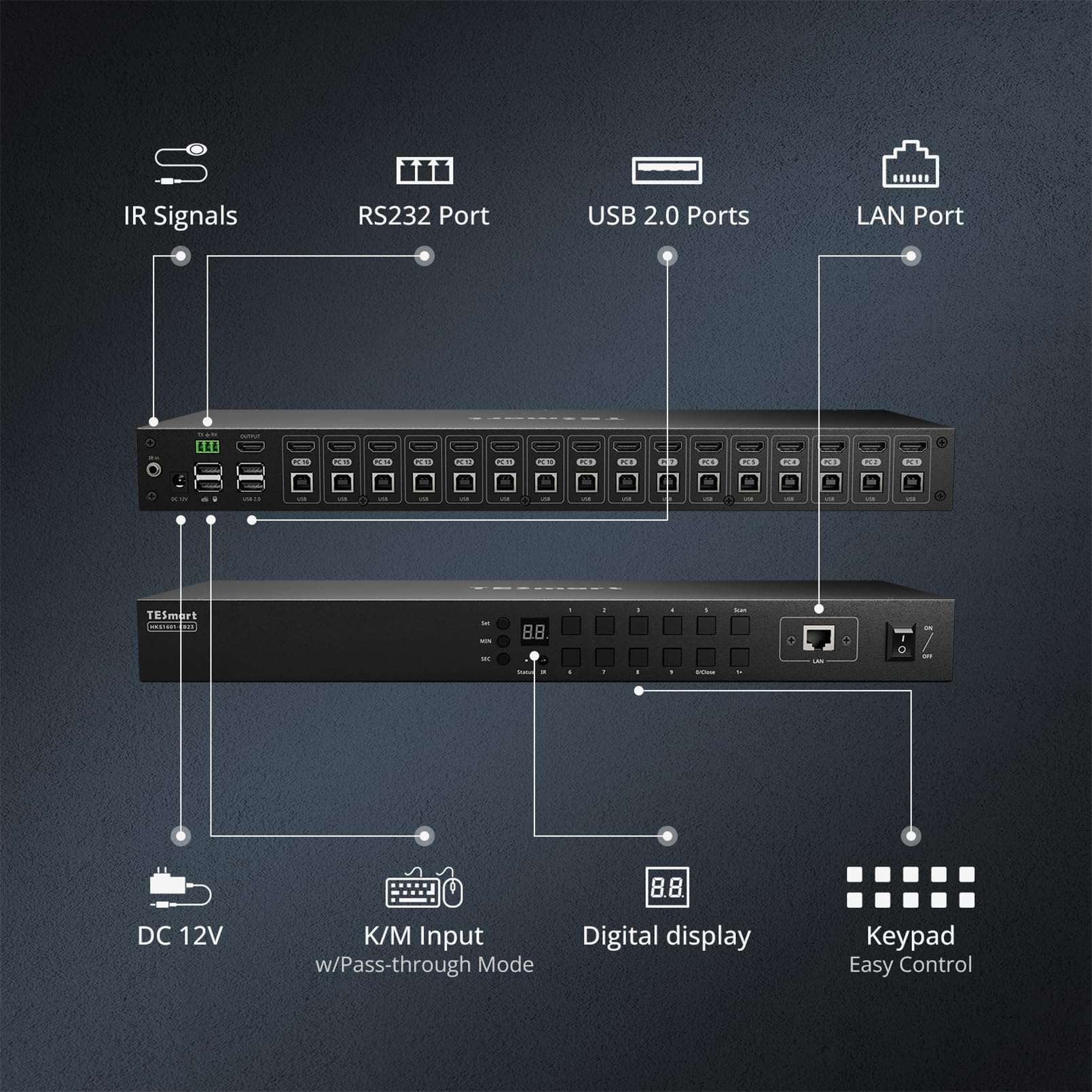 TESmart HDMI KVM Switch 16 Porte 4K@30Hz Ultra HD, Switch KVM Rack per 16 PC e 1 Monitor, Gestione EDID, USB RJ45 RS232 IR LAN, Include 8 Cavi da 1,5m, Modello HKS1601-EB