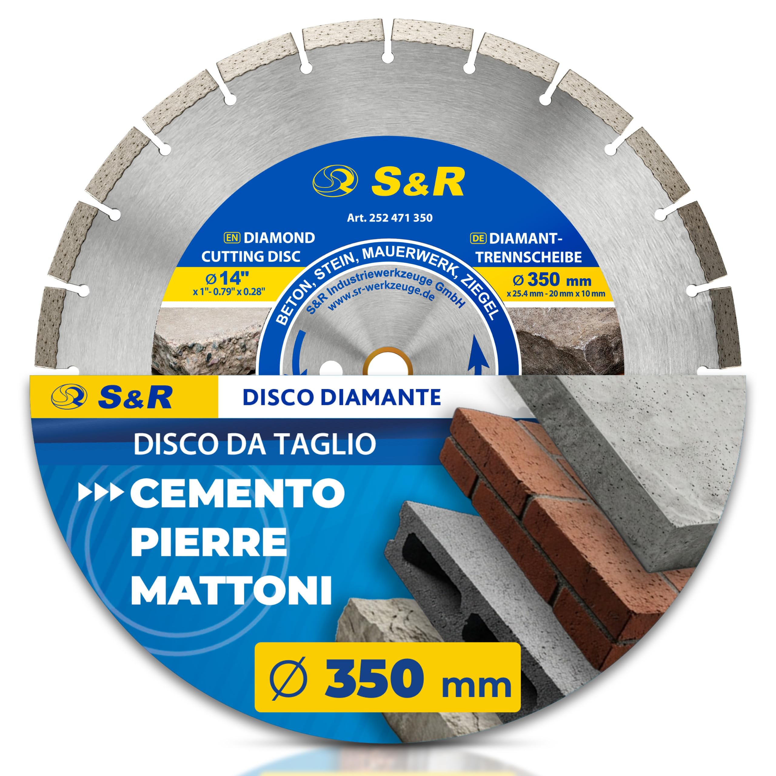 S&R Disco diamantato 350 mm Calcestruzzo. Disco Smerigliatrice 350 per troncare tagliare Calcestruzzo, Pietra, Mattoni Muratura
