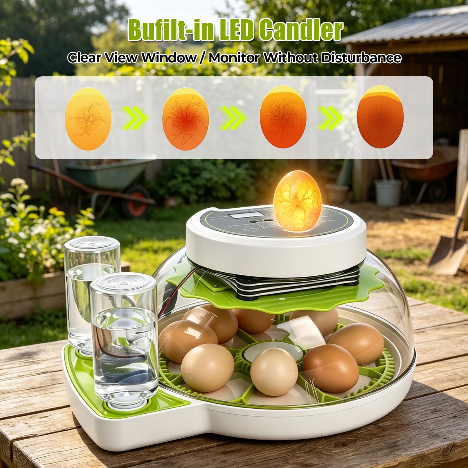 Incubadora para 8 huevos con giro automático, incubadora para incubar huevos con indicador de humedad, control de temperatura y llenado automático de agua para pollos, patos, codornices
