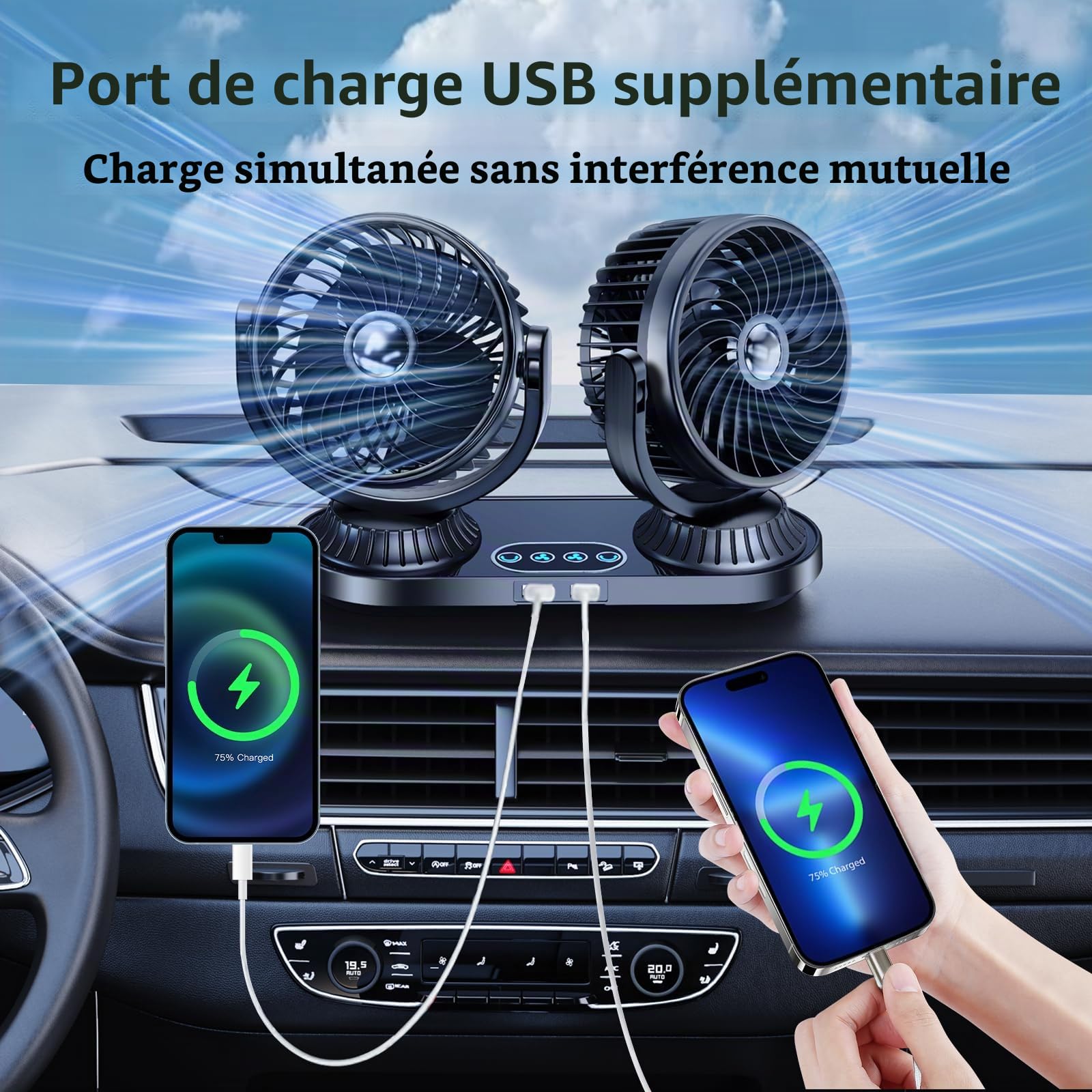 Ventilateur de voiture 12 V 24 V - Double tête - Silencieux - Avec 2 ports USB - 3 vitesses - Oscillation à 270° et rotatif à 360° - Pour voiture, camion, SUV, camping-car
