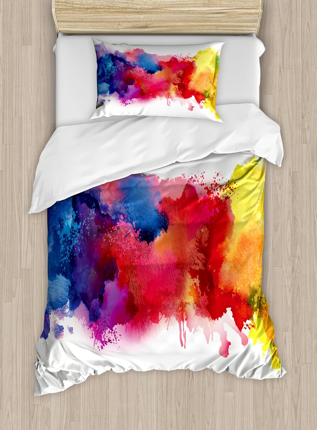 Ambesonne Abstract Duvet Cover Set, Vibrant Stains of Watercolor Paint Splatters Brushstrokes Dripping Liquid Art, Decorative 2 Piece Bedding Set with 1 Pillow Sham, Twin Size, Yellow Blue Twin Yellow Blue
